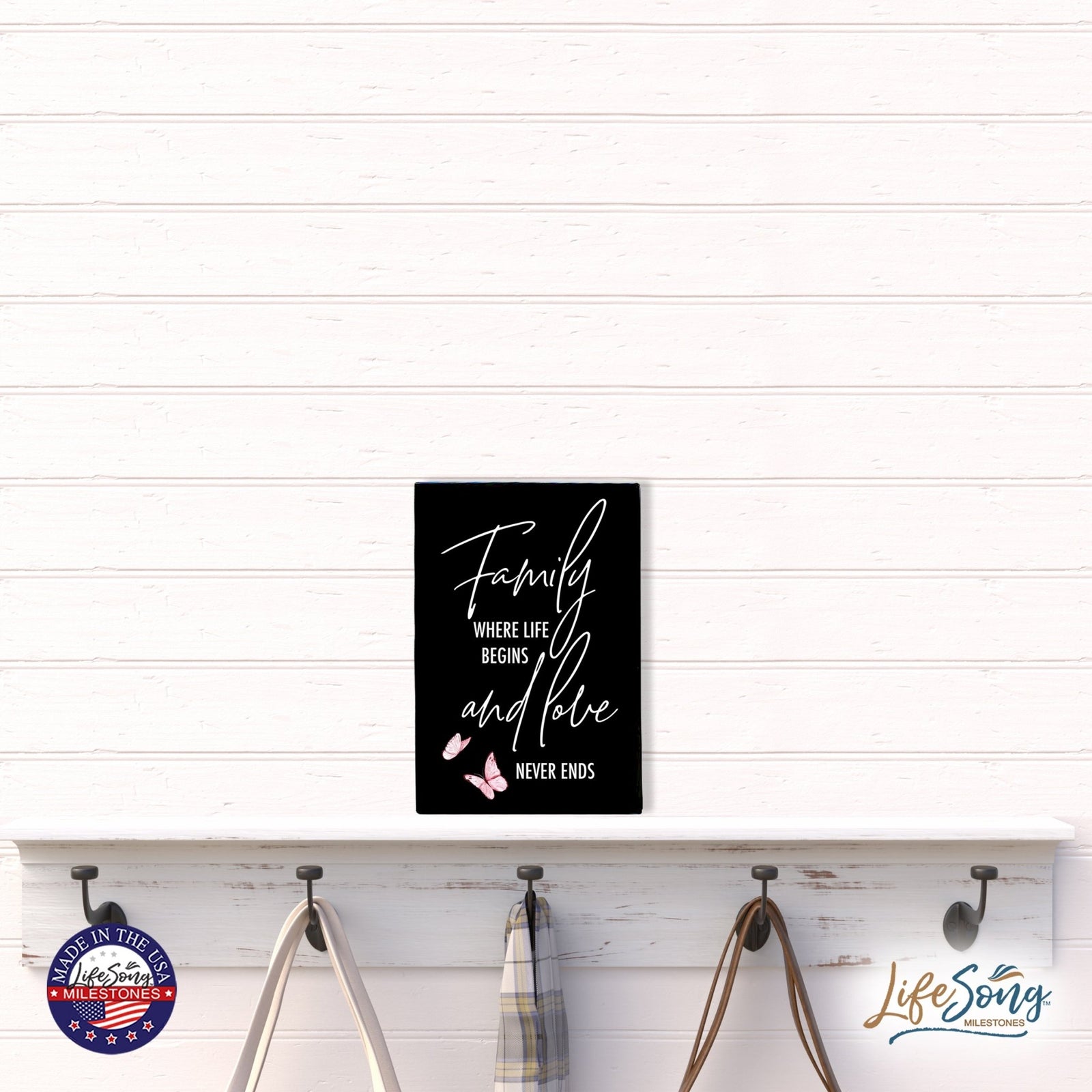 Wood Wall Sign with Inspirational Quote Family Where Life Begins (Pink) Table Top Home Office Desk Decoration 5.5x8in - LifeSong Milestones
