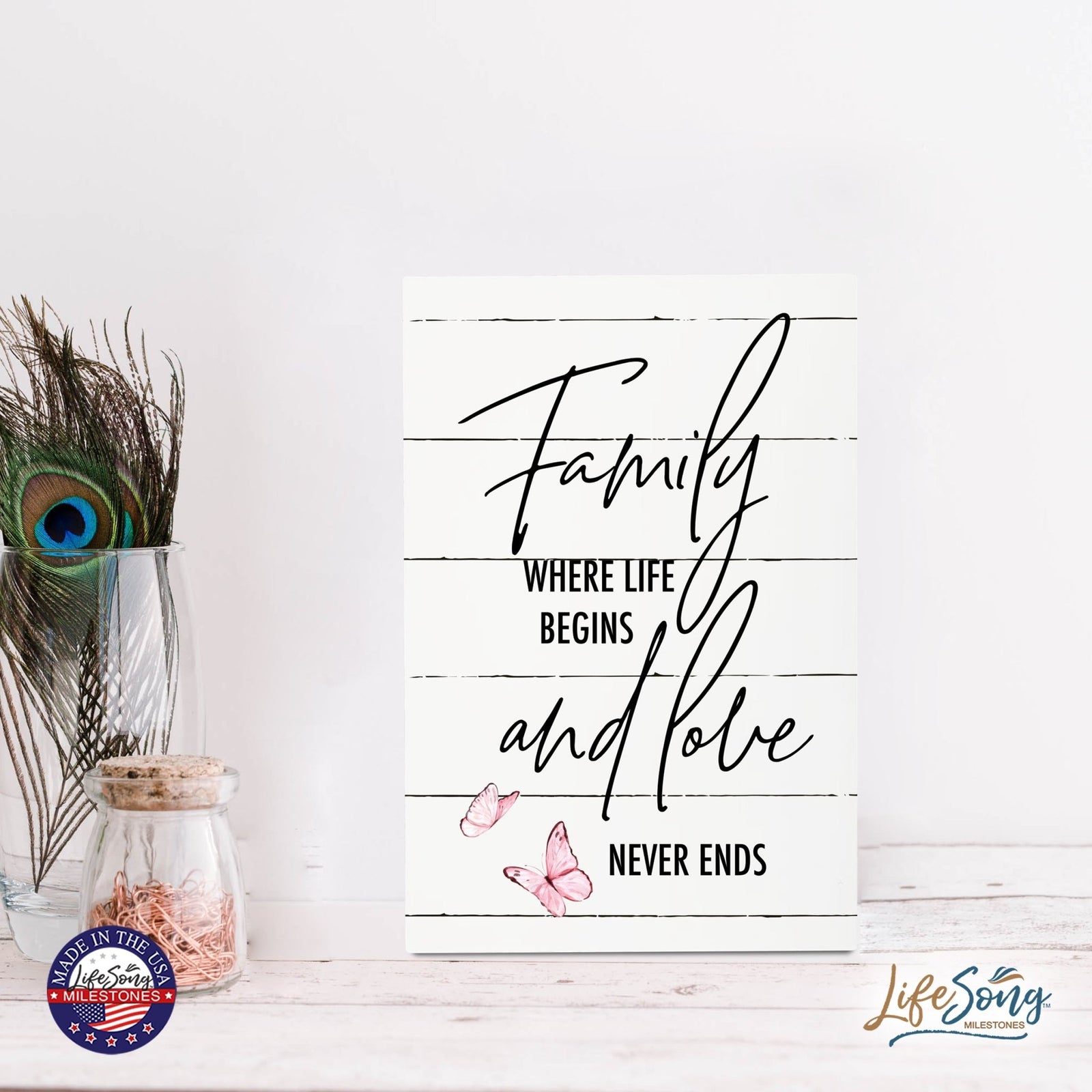 Wood Wall Sign with Inspirational Quote Family Where Life Begins (Pink) Table Top Home Office Desk Decoration 5.5x8in - LifeSong Milestones