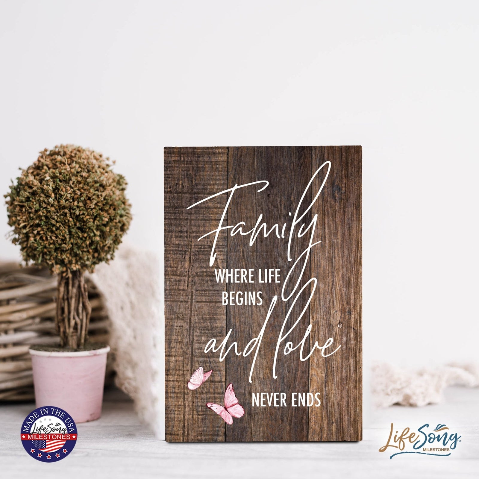 Wood Wall Sign with Inspirational Quote Family Where Life Begins (Pink) Table Top Home Office Desk Decoration 5.5x8in - LifeSong Milestones