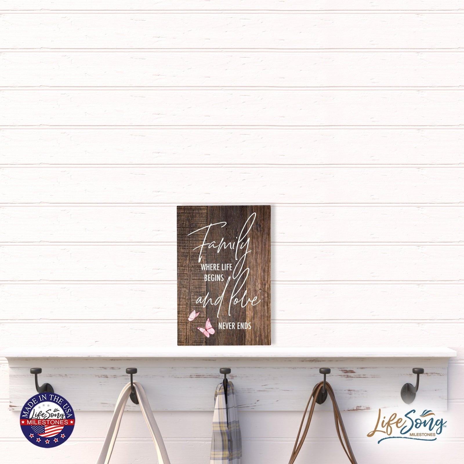 Wood Wall Sign with Inspirational Quote Family Where Life Begins (Pink) Table Top Home Office Desk Decoration 5.5x8in - LifeSong Milestones