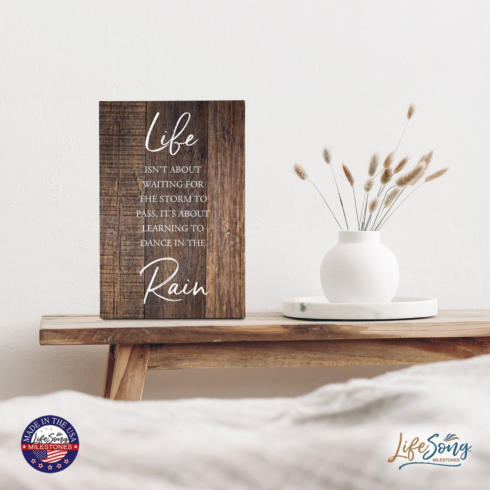 Wood Wall Sign with Inspirational Quote Life Isn’t About Waiting Table Top Home Office Desk Decoration 5.5x8in - LifeSong Milestones