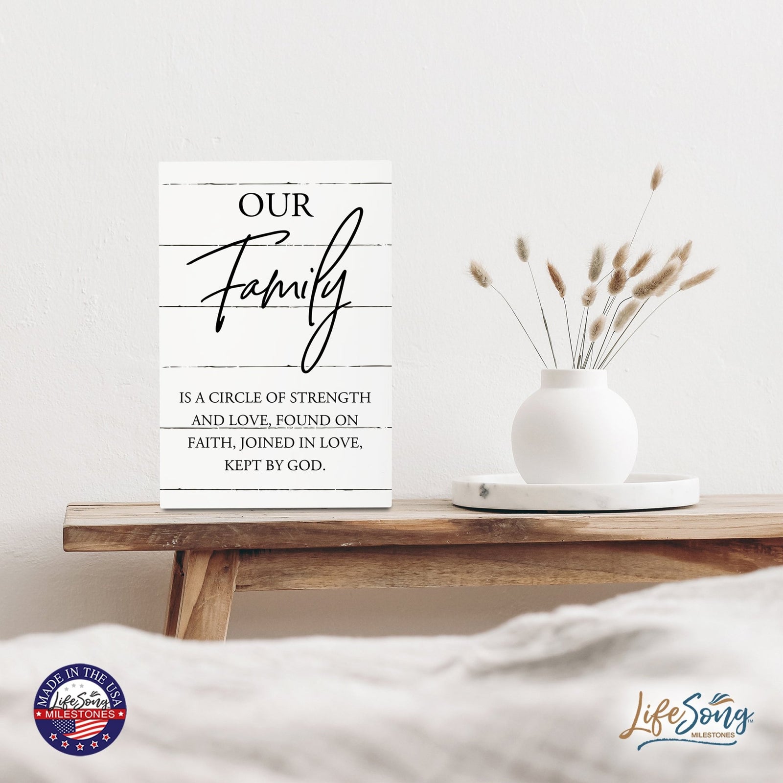 Wood Wall Sign with Inspirational Quote Our Family Is A Circle Table Top Home Office Desk Decoration 5.5x8in - LifeSong Milestones
