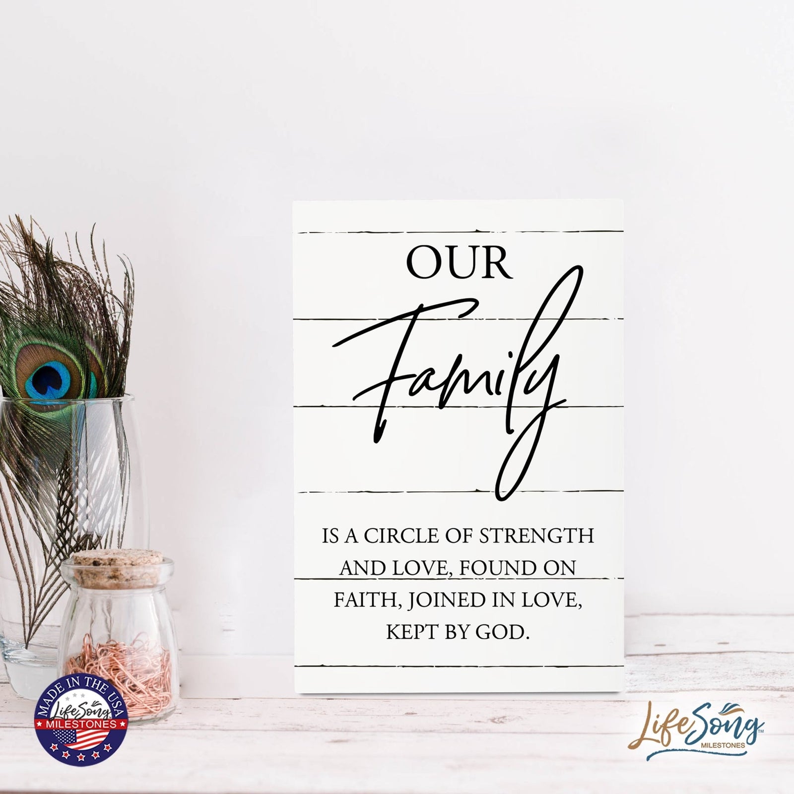 Wood Wall Sign with Inspirational Quote Our Family Is A Circle Table Top Home Office Desk Decoration 5.5x8in - LifeSong Milestones
