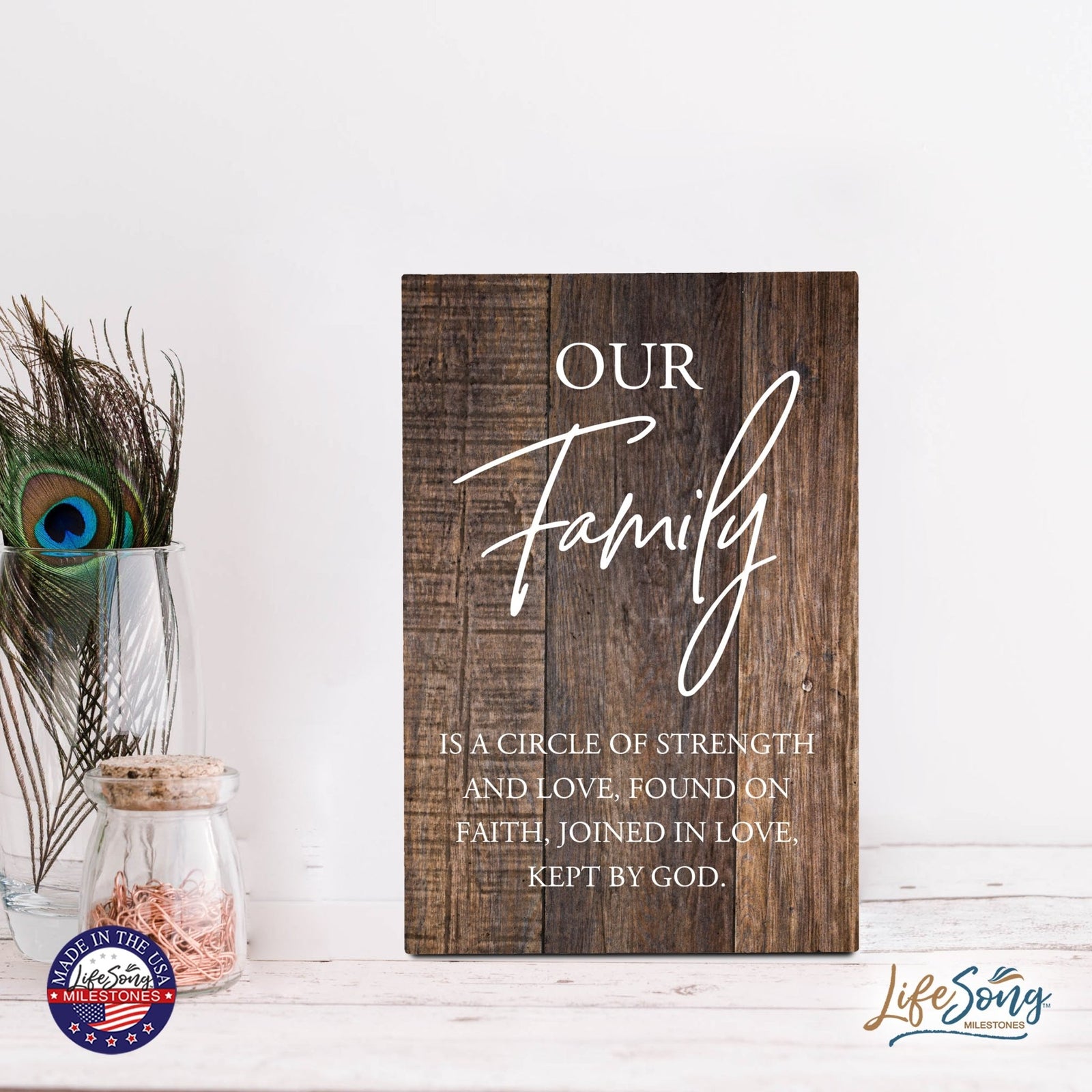 Wood Wall Sign with Inspirational Quote Our Family Is A Circle Table Top Home Office Desk Decoration 5.5x8in - LifeSong Milestones