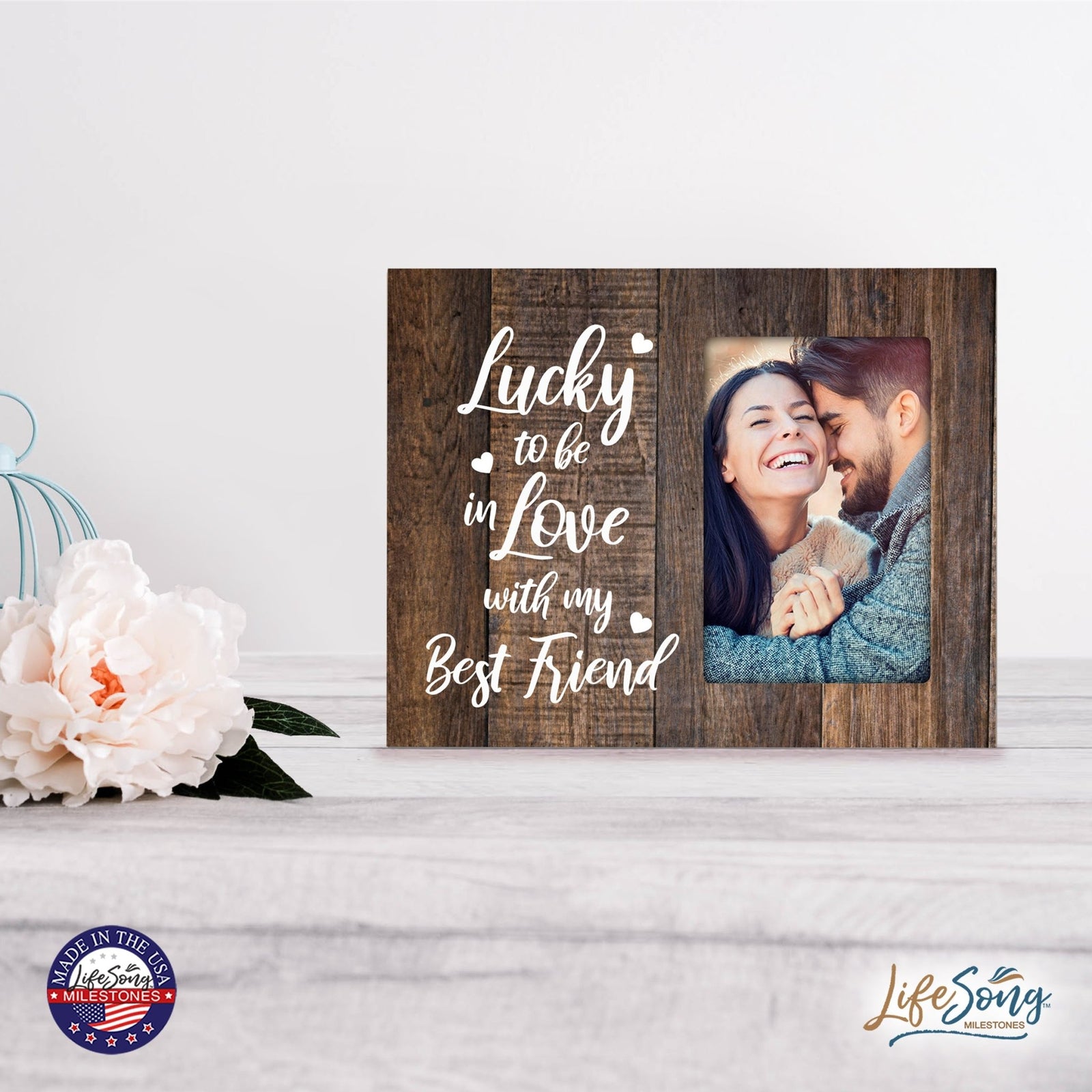 Wooden 8x10 Wedding Picture Frame Holds 4x6 Photo - Lucky To Be In Love - LifeSong Milestones