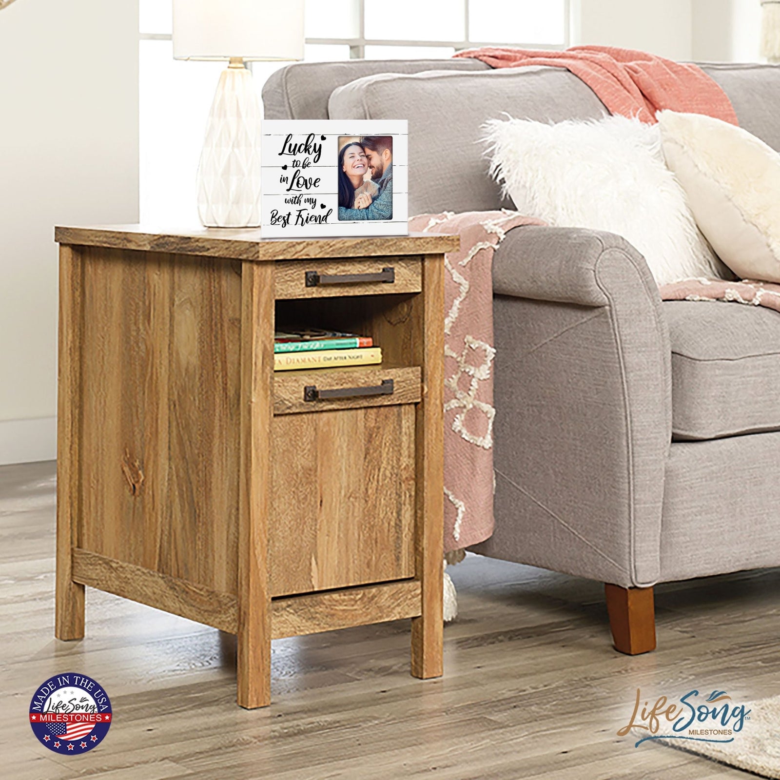 Wooden 8x10 Wedding Picture Frame Holds 4x6 Photo - Lucky To Be In Love - LifeSong Milestones