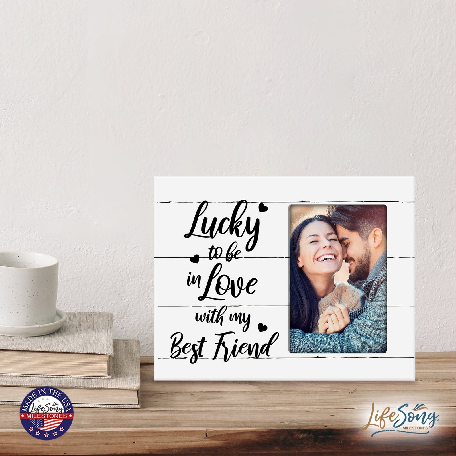 Wooden 8x10 Wedding Picture Frame Holds 4x6 Photo - Lucky To Be In Love - LifeSong Milestones