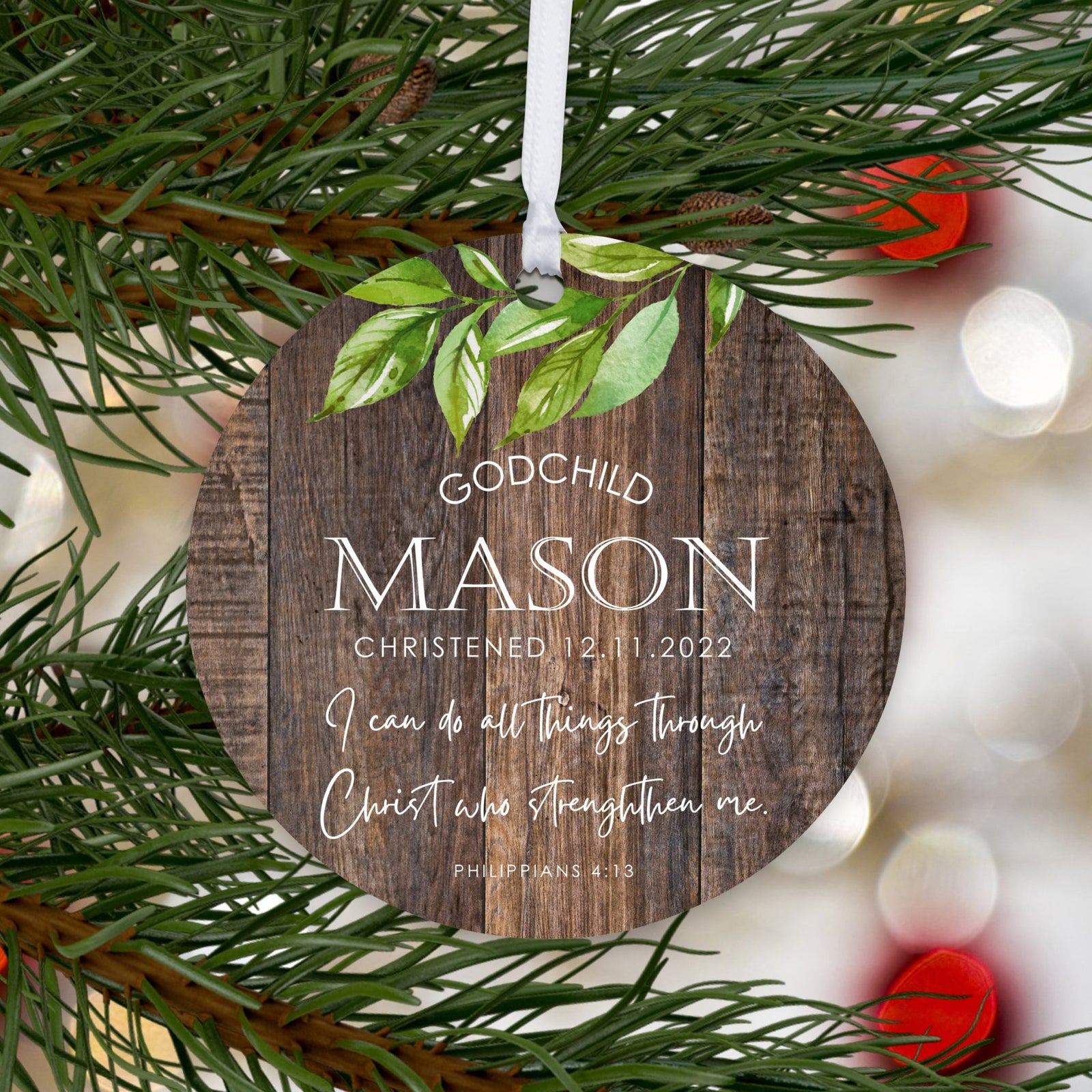 Wooden Baptism Hanging Ornament Gift For Godchild - I Can Do All Things - LifeSong Milestones
