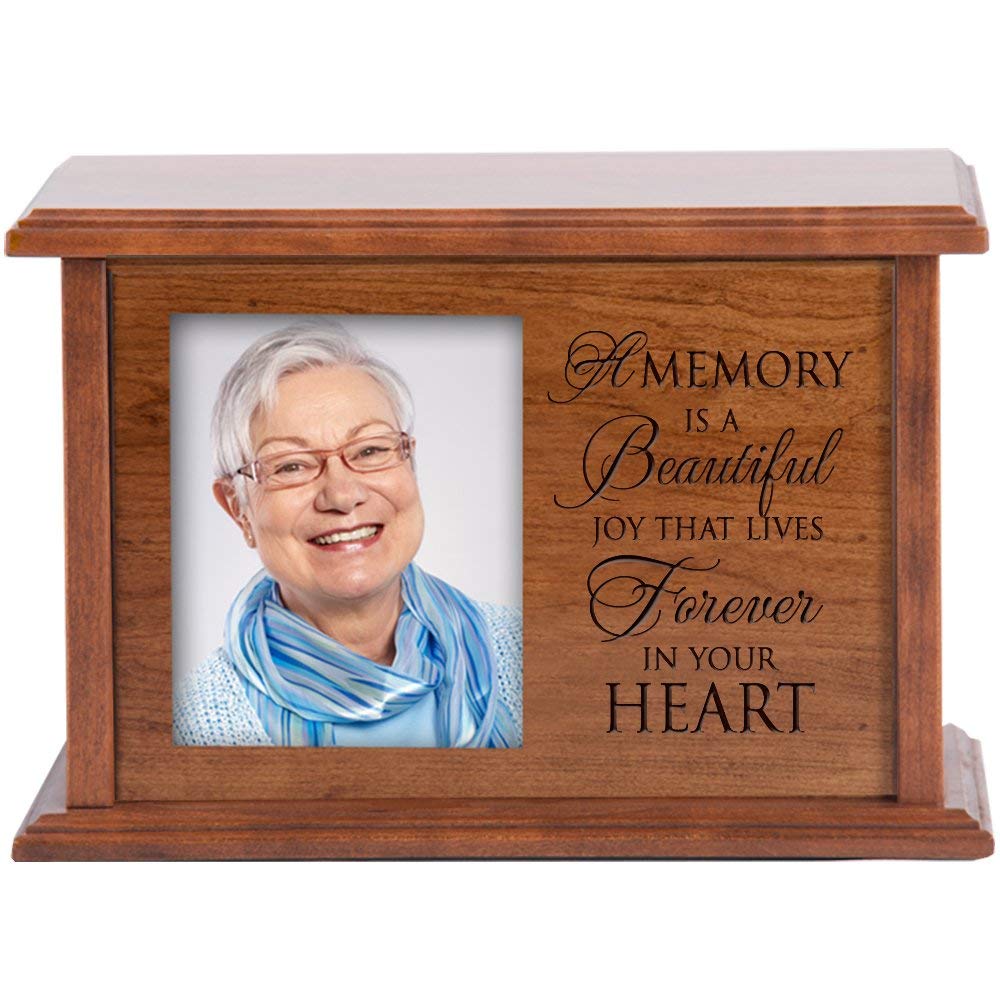 Wooden Cremation Urn with Picture Frame holds 4x5 photo A Memory Is A Beautiful Joy - LifeSong Milestones