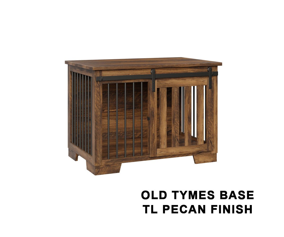 Close-up of barn door hardware on wooden dog crate furniture - quality construction