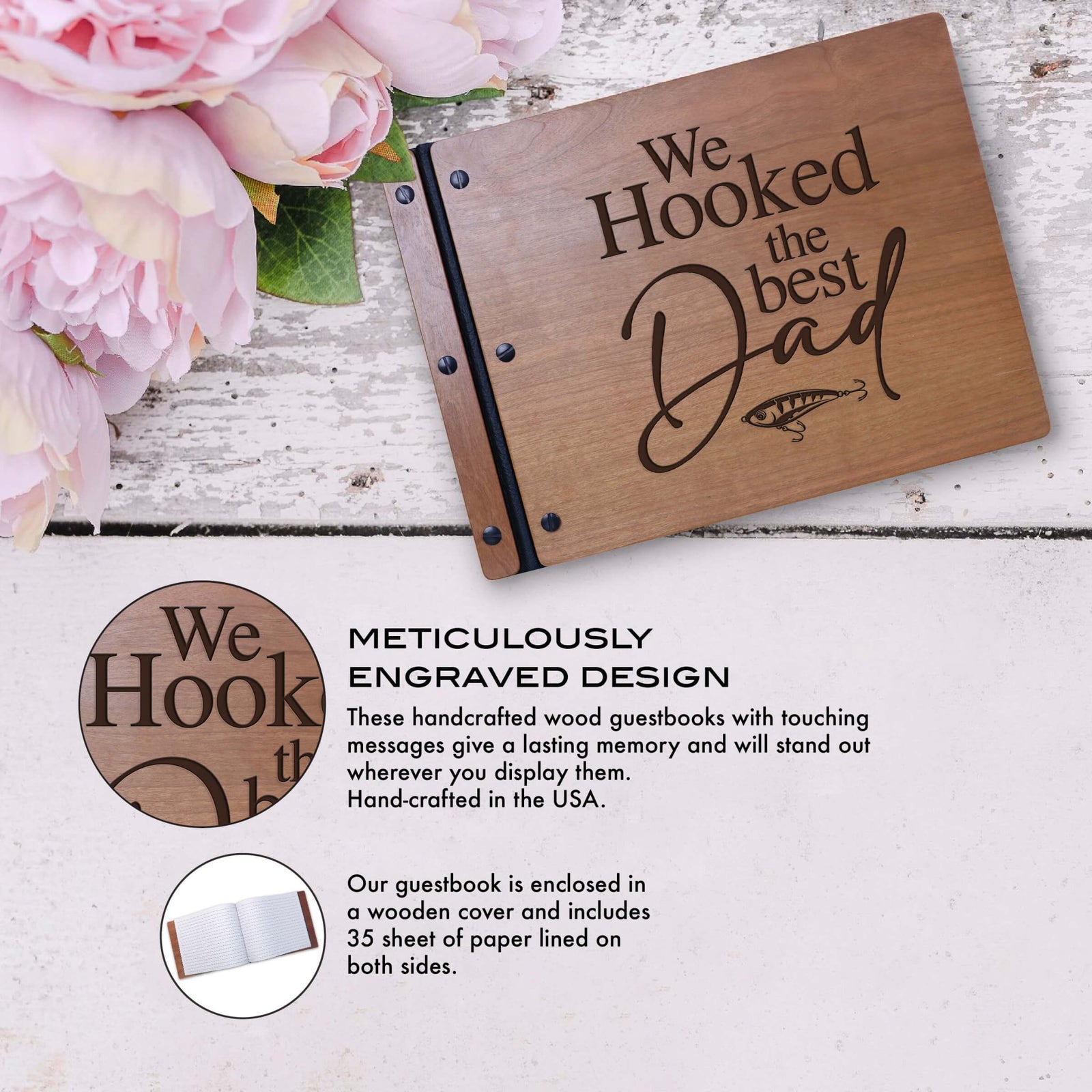 Wooden Memorial Large Guestbook with Fisherman Verse for Funeral Service - The BEST Dad - LifeSong Milestones