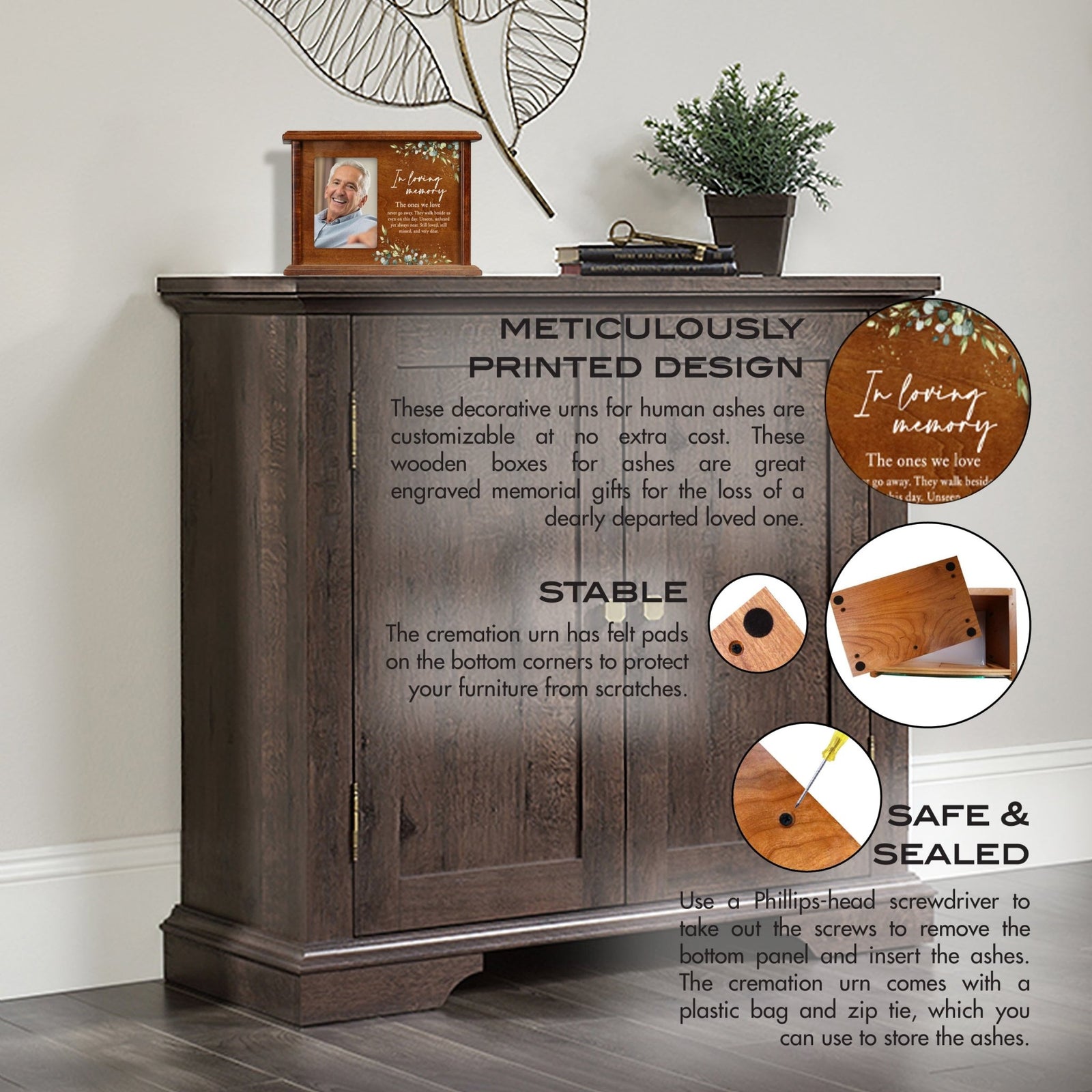 Wooden Memorial Photo Cremation Urn Box for Human Ashes - LifeSong Milestones