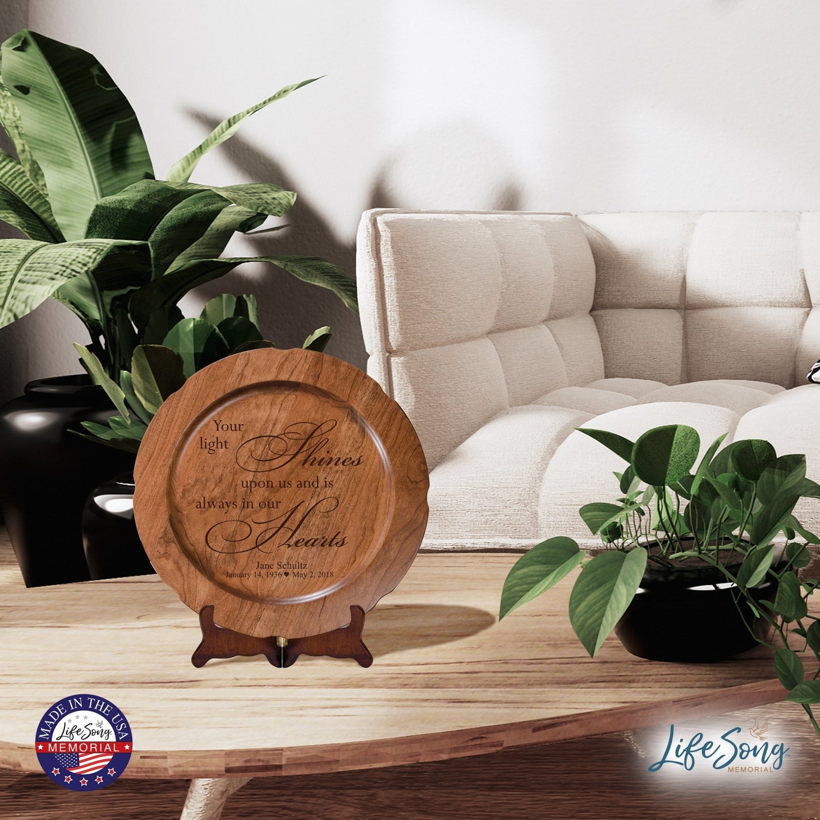 12" Personalized Memorial Wooden Plate - Your Light Shines - LifeSong Milestones