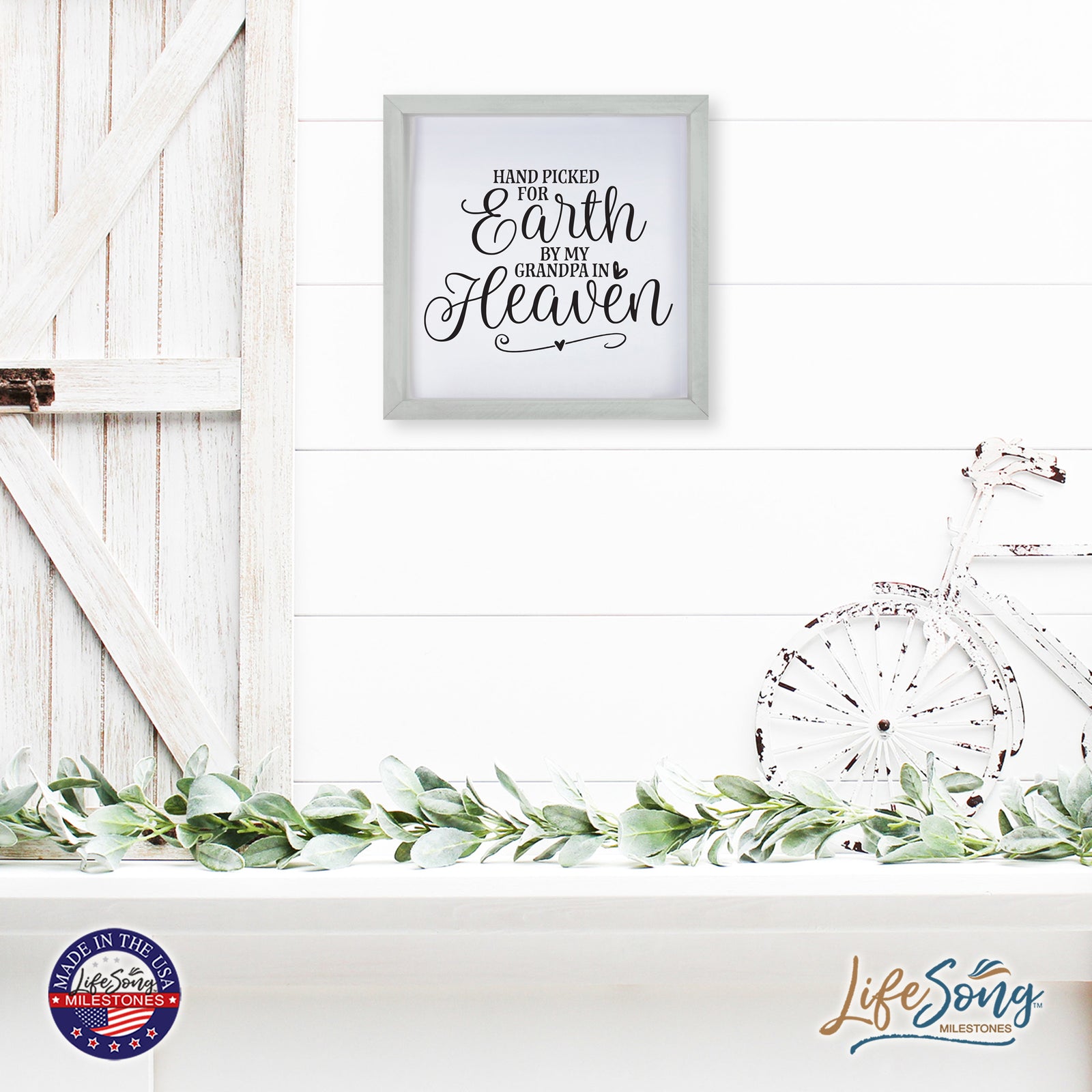 LifeSong Milestones Inspiring Modern Framed Shadow Box 7x7in - Hand Picked For Earth By My Grandpa. Wall Decor Decorative Accents For Walls Ready to Hang for Home Living Room, Bedroom, Kitchen, Dining Room, and Entryways Decorations.