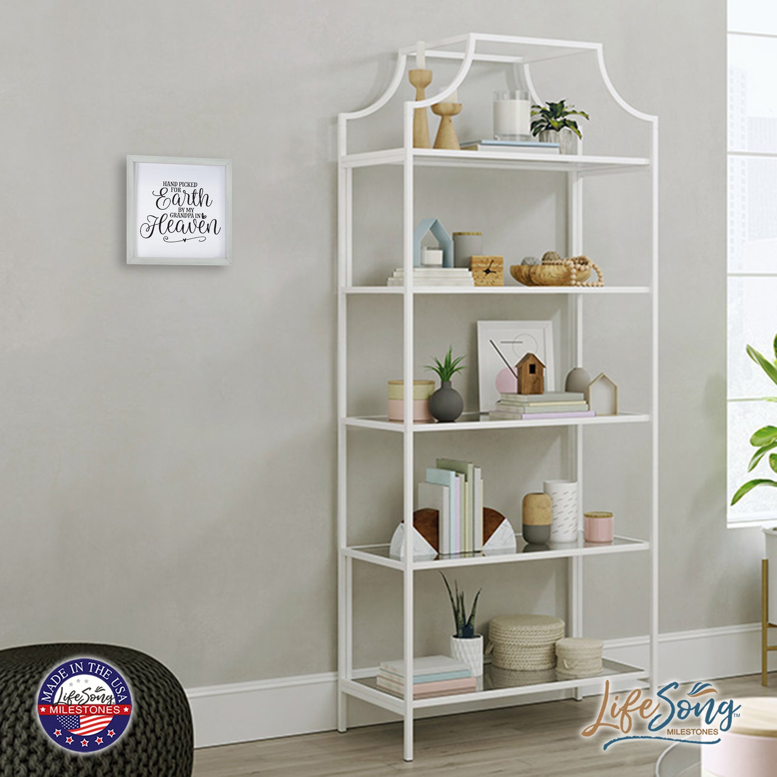 LifeSong Milestones Inspiring Modern Framed Shadow Box 7x7in - Hand Picked For Earth By My Grandpa. Wall Decor Decorative Accents For Walls Ready to Hang for Home Living Room, Bedroom, Kitchen, Dining Room, and Entryways Decorations.