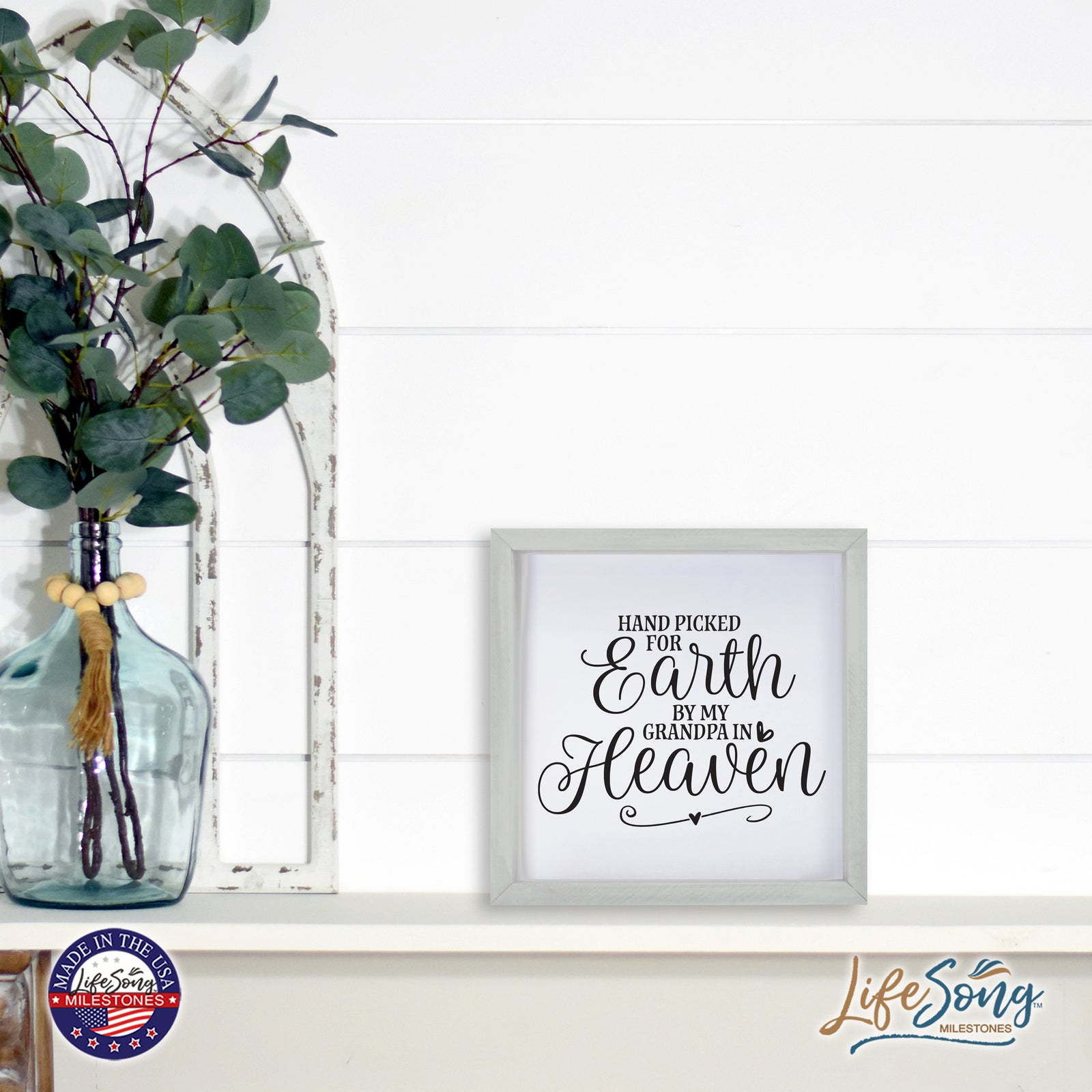 LifeSong Milestones Inspiring Modern Framed Shadow Box 7x7in - Hand Picked For Earth By My Grandpa. Wall Decor Decorative Accents For Walls Ready to Hang for Home Living Room, Bedroom, Kitchen, Dining Room, and Entryways Decorations.