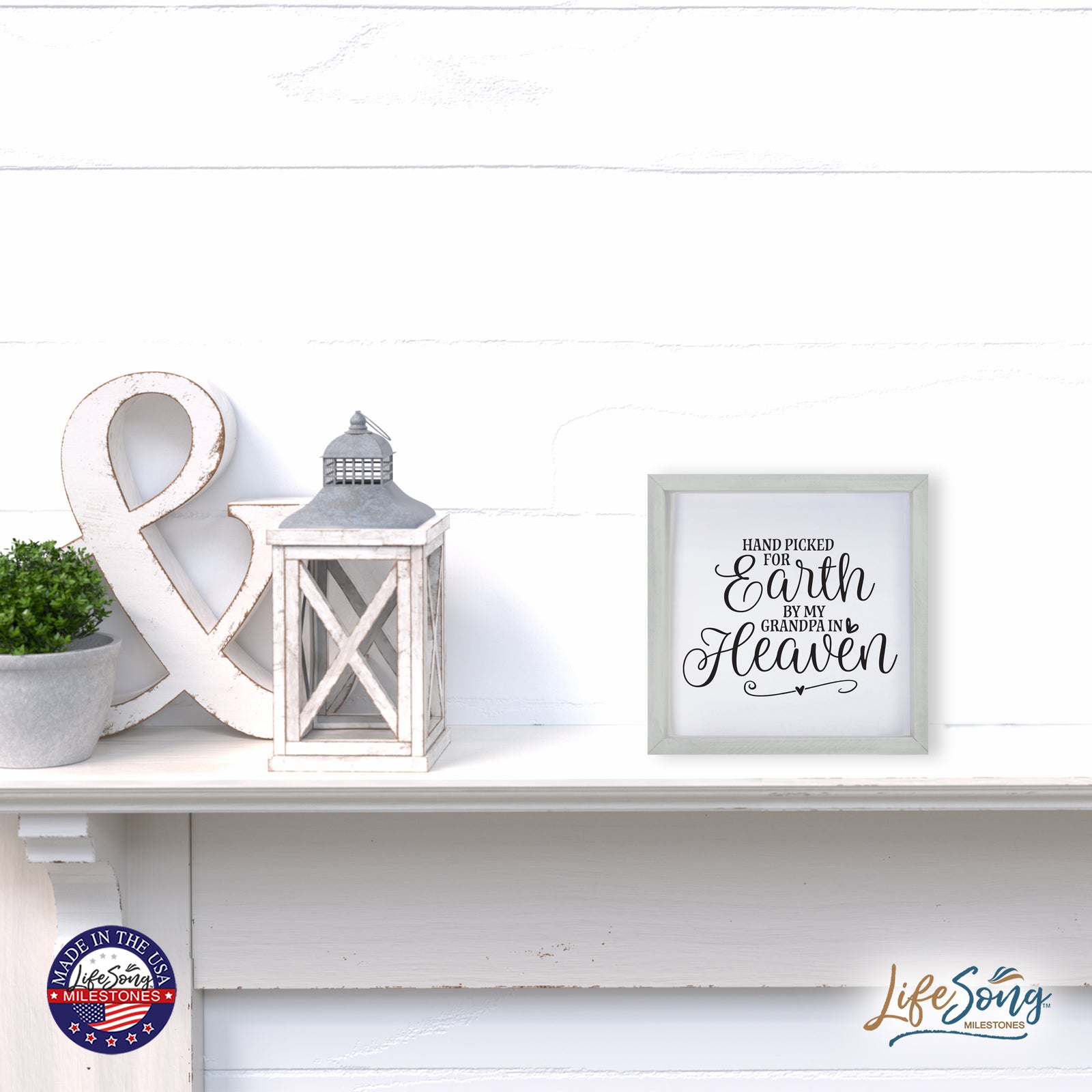 LifeSong Milestones Inspiring Modern Framed Shadow Box 7x7in - Hand Picked For Earth By My Grandpa. Wall Decor Decorative Accents For Walls Ready to Hang for Home Living Room, Bedroom, Kitchen, Dining Room, and Entryways Decorations.