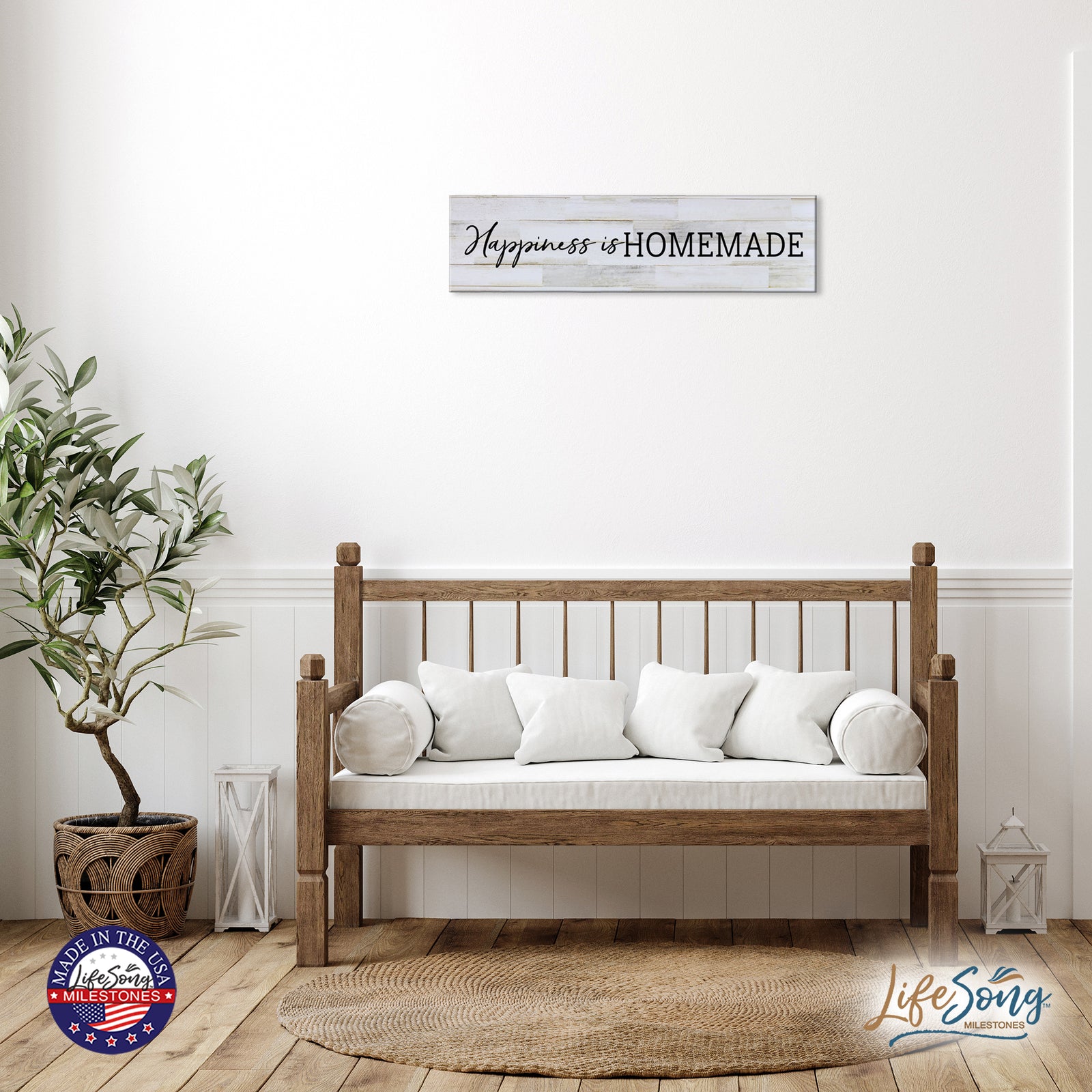 Inspirational Everyday Home and Family Wooden Wall Art Hanging Plaque 10 x 40 – Happiness Is Homemade