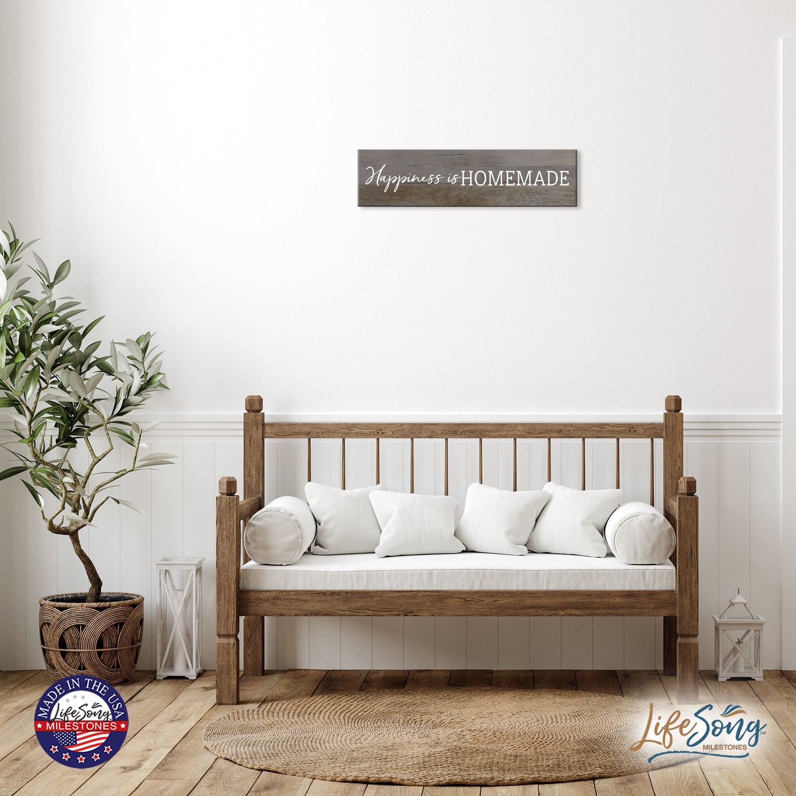 Inspirational Everyday Home and Family Wooden Wall Art Hanging Plaque 10 x 40 – Happiness Is Homemade