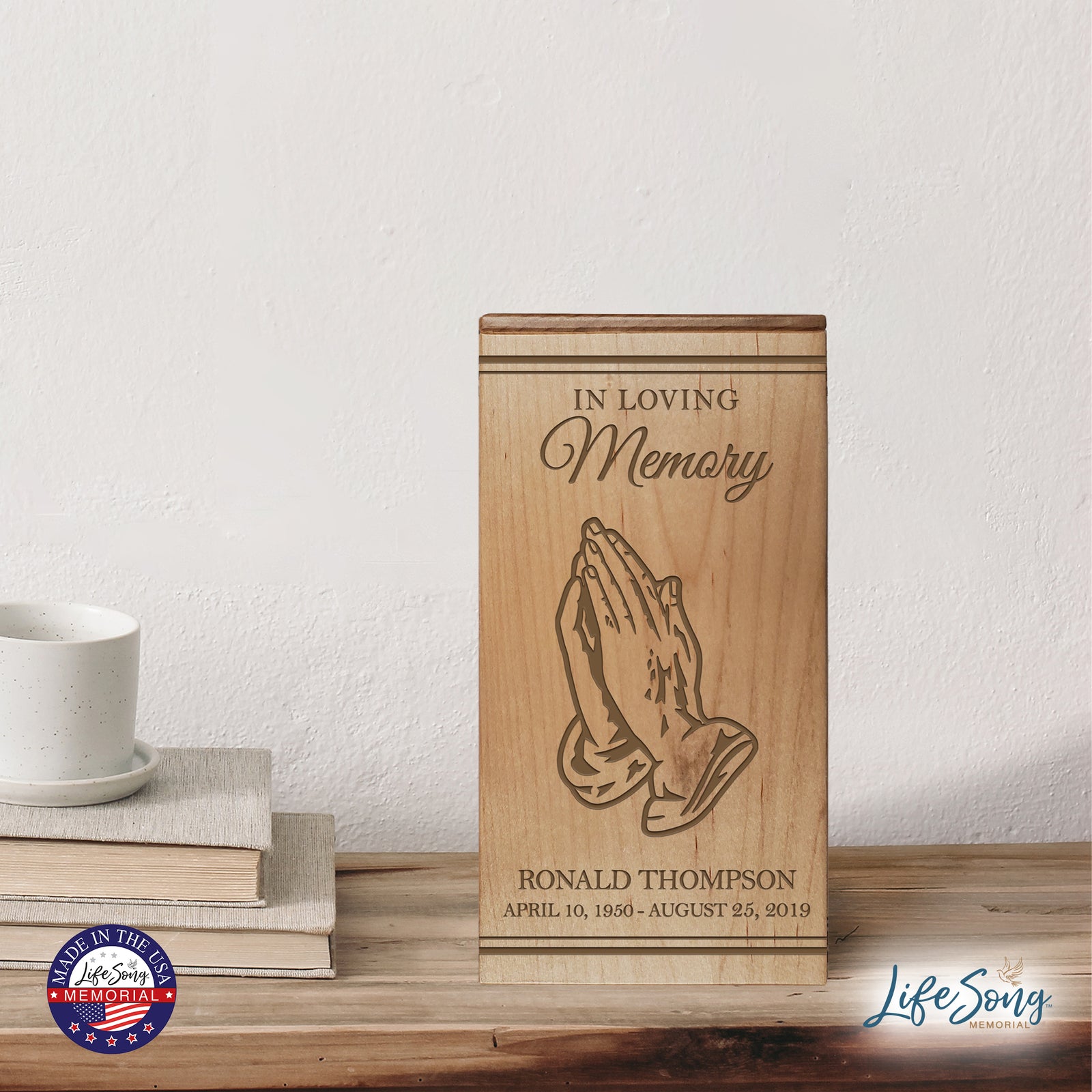 Classic Wooden Cremation Urn with Detailed Prayer Hand