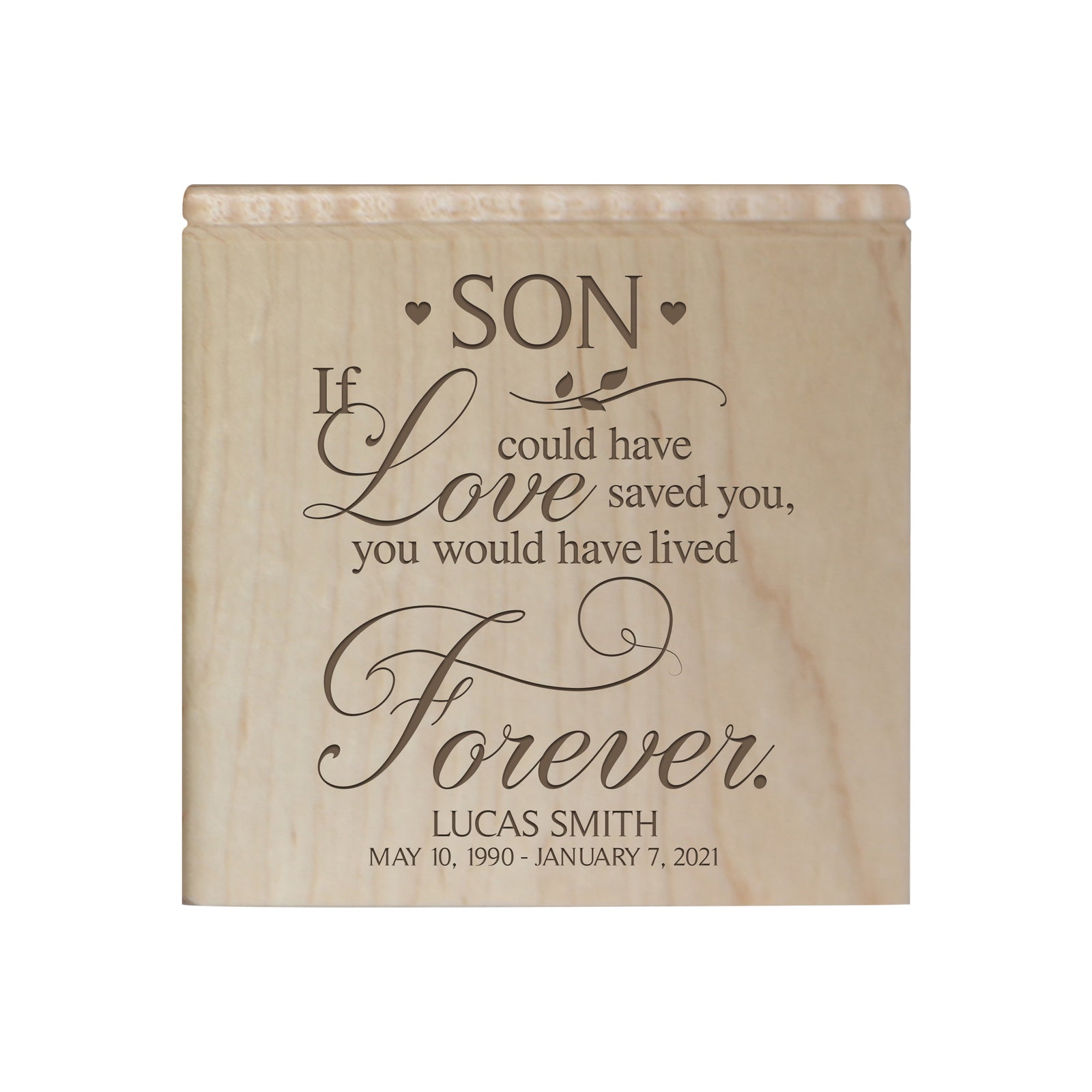 Custom Memorial Handcrafted Wooden Keepsake Urn Box for Son