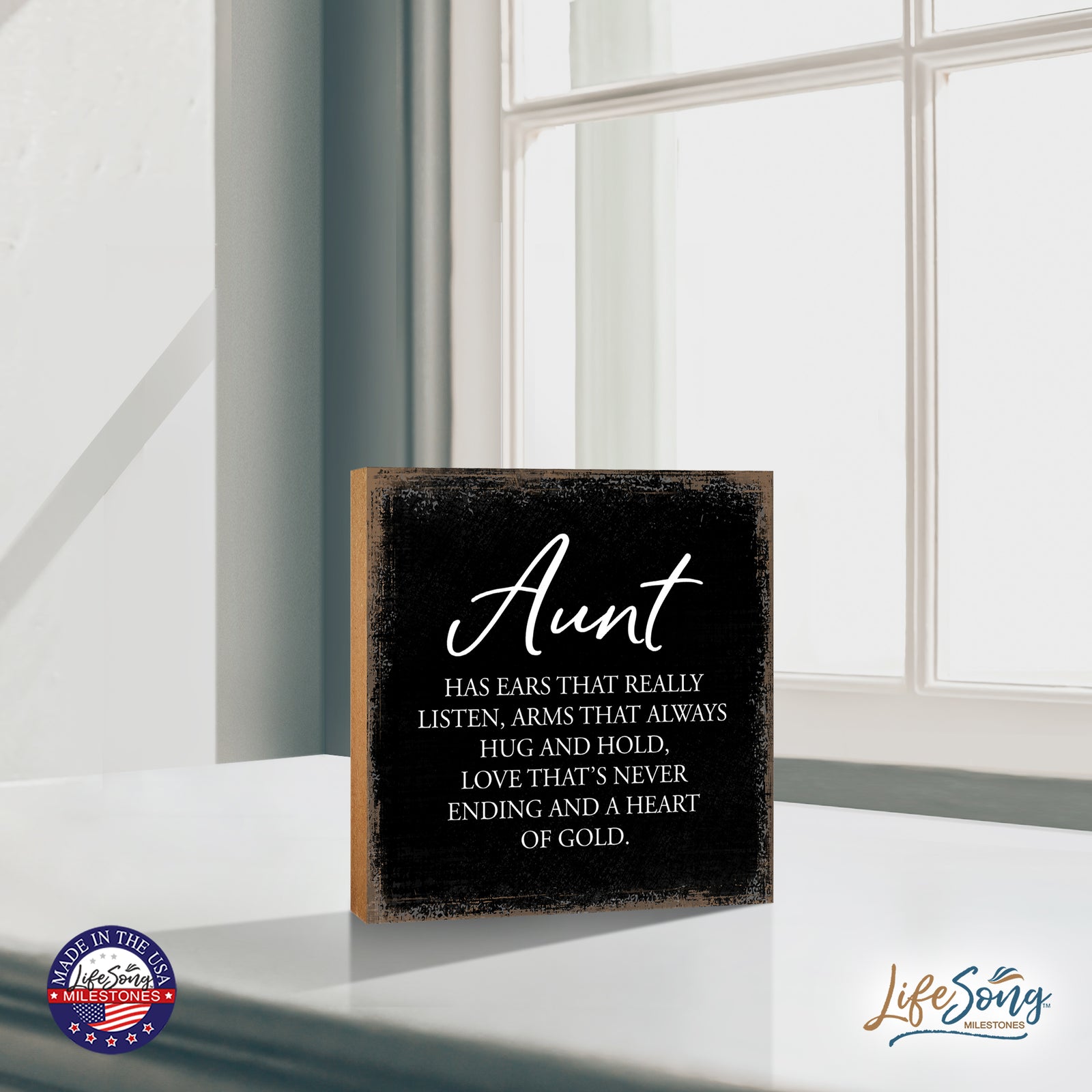 LifeSong Milestones Aunt Has Ears Floral 6x6 Inches Wood Family Art Sign Tabletop and Shelving For Home Décor. Wood Family Signs, art sign tabletop, Wood Art Decor for Living Room, Bedroom, Kitchen, Dining Room, and Entryways Home Decor.