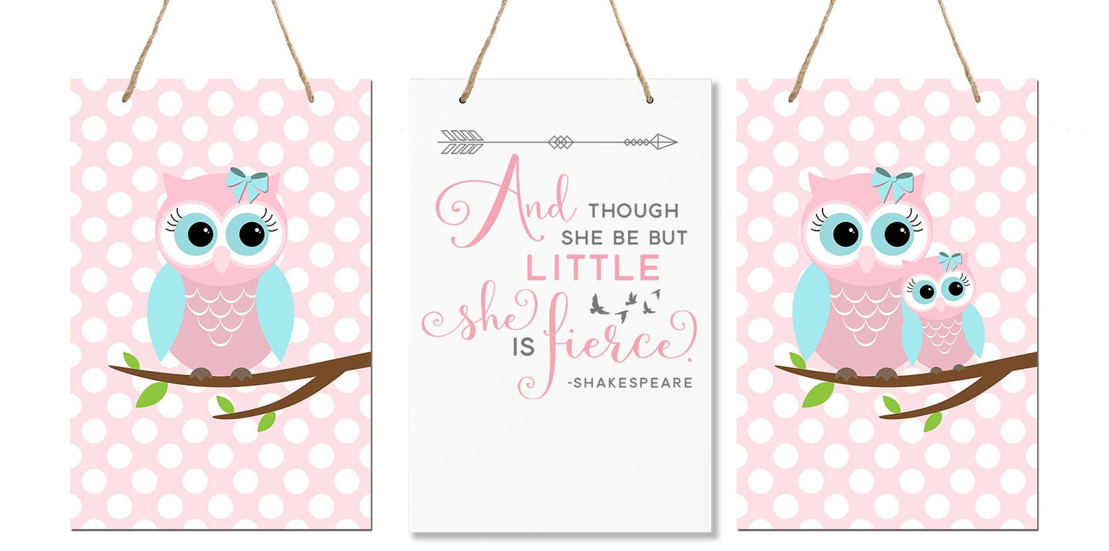 3 Piece Bedroom Nursery Owl Wall Decor Signs - Though She May Be Little She is Fierce - LifeSong Milestones