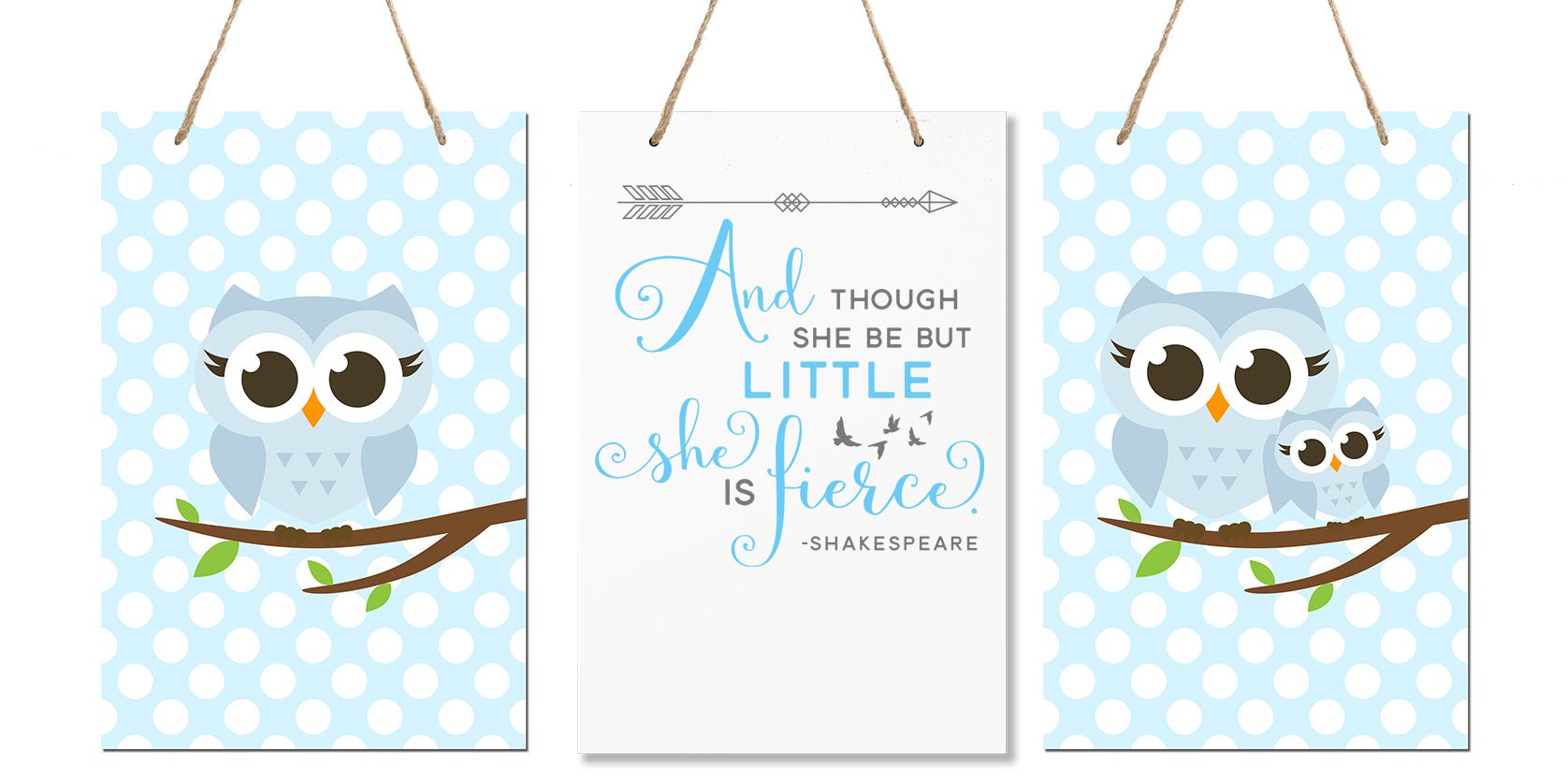 3 Piece Bedroom Nursery Owl Wall Decor Signs - Though She May Be Little She is Fierce - LifeSong Milestones