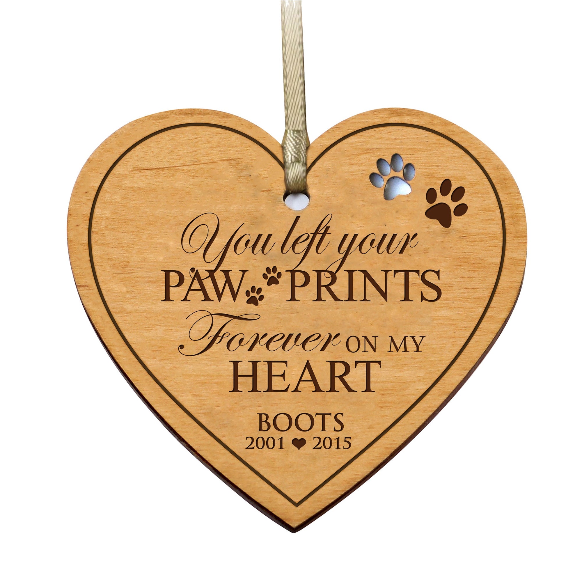 Pet Memorial Wooden Heart Ornament - You Left Your Paw Prints