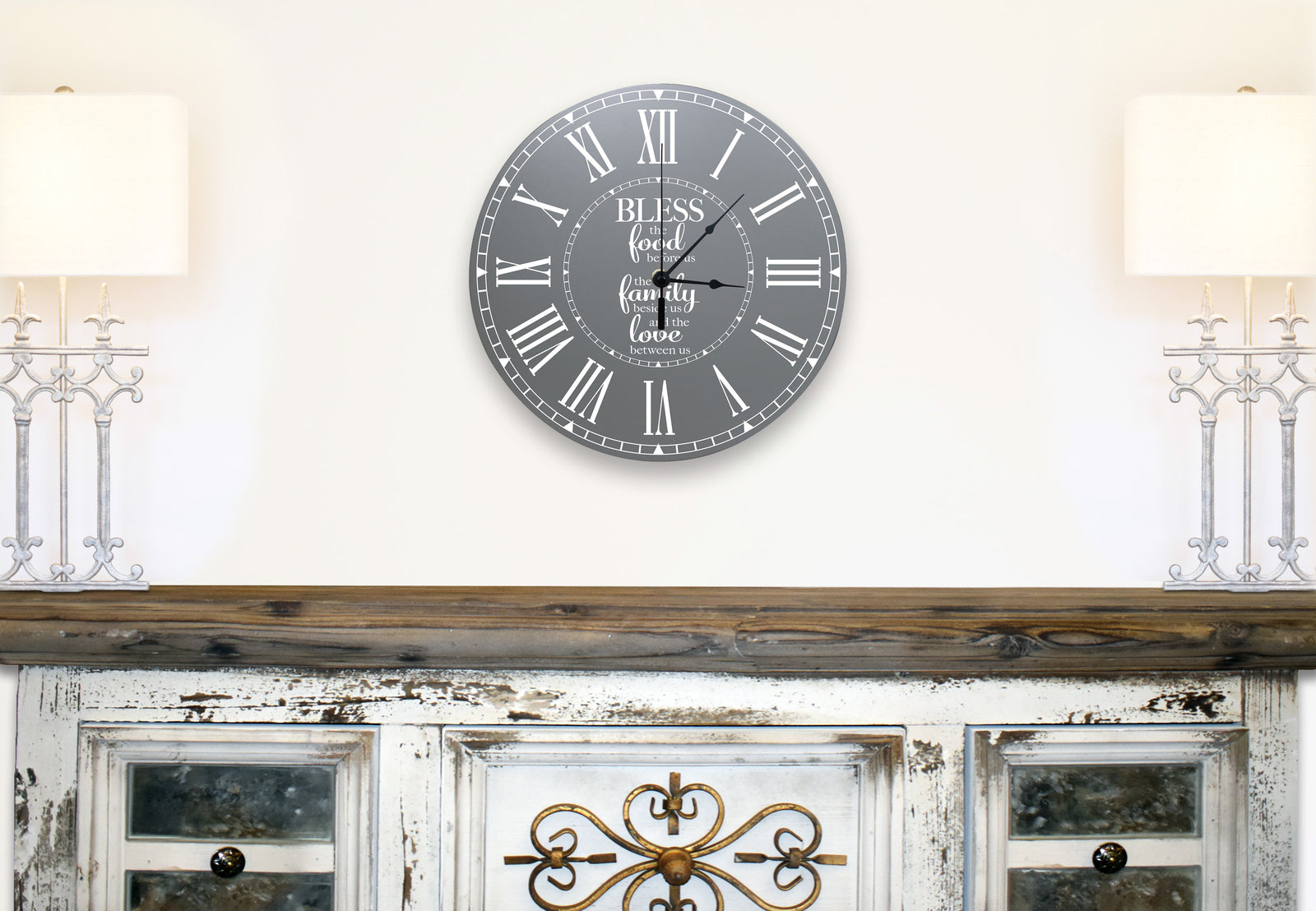LifeSong Milestones Family Wall or Desktop Clock - Bless The Food - Housewarming, Wedding Clock Gift For Couples 12 Inch Diameter Accurate Quartz Movement with Roman Numerals