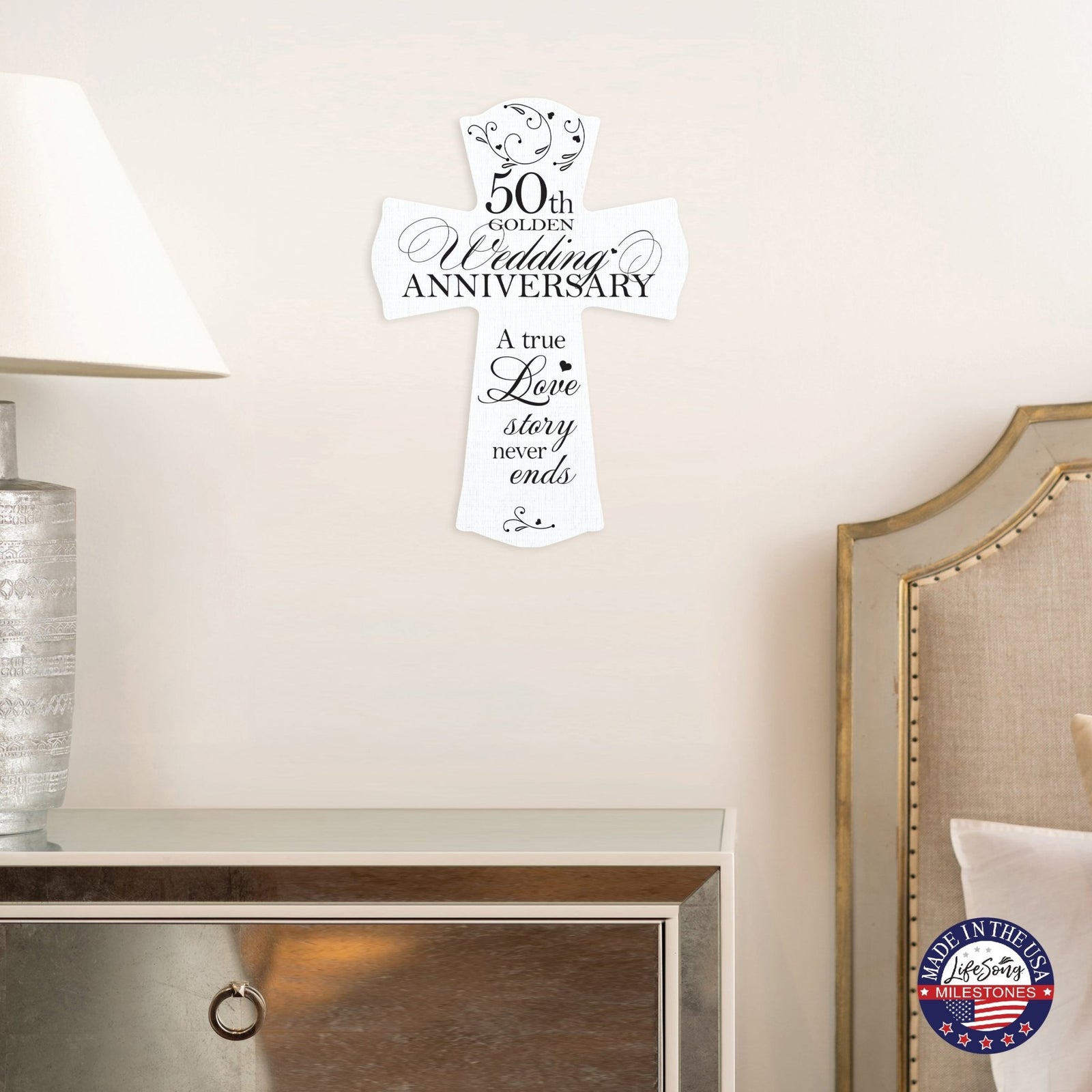 Wooden Hanging Wall Cross for Couples 50th Wedding Anniversary Celebration - A True Love Story Never Ends