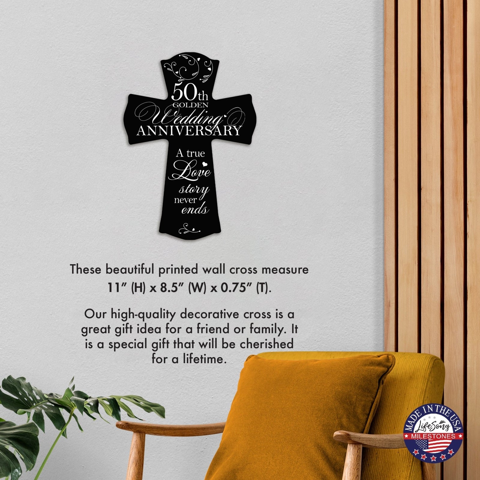 Wooden Hanging Wall Cross for Couples 50th Wedding Anniversary Celebration - A True Love Story Never Ends