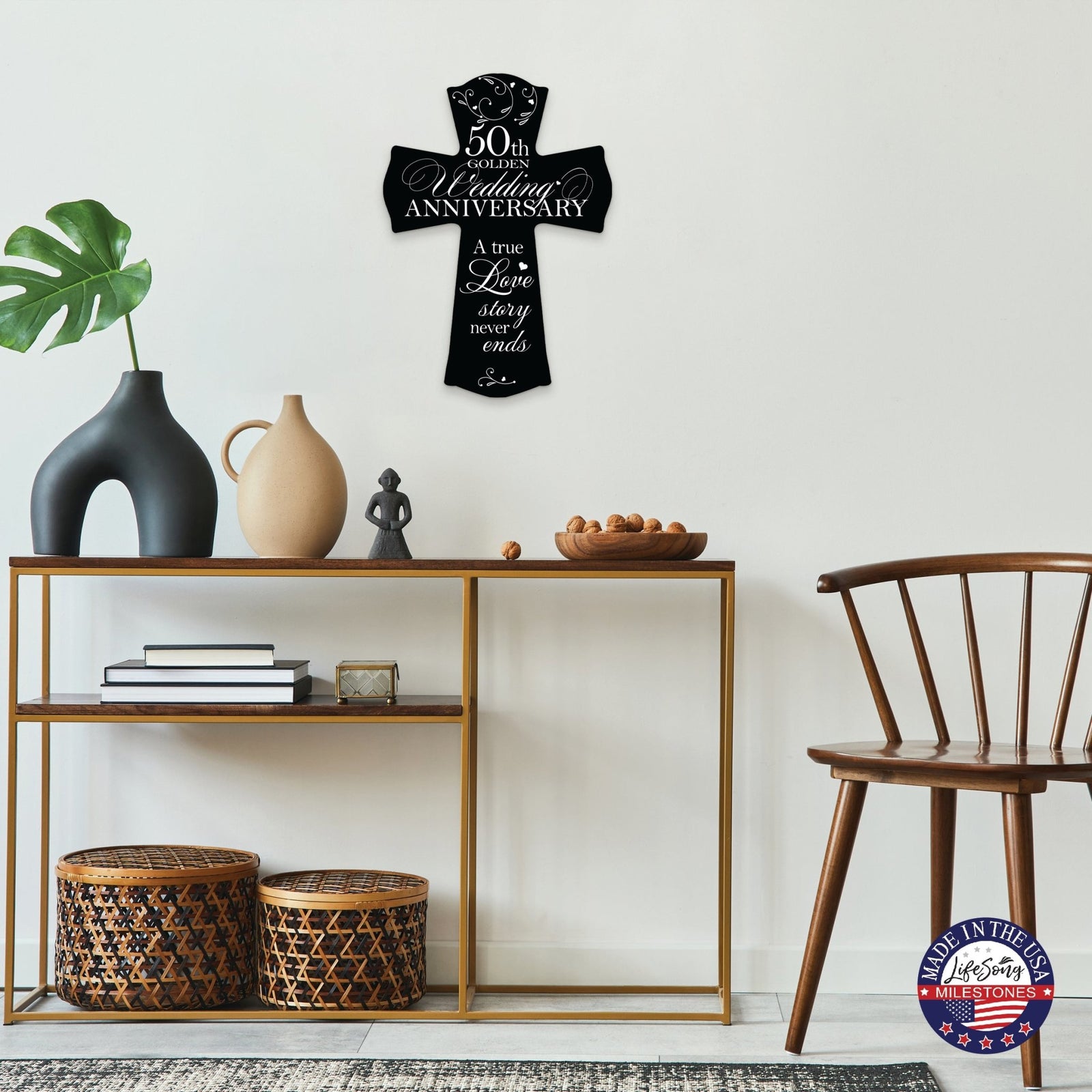 Wooden Hanging Wall Cross for Couples 50th Wedding Anniversary Celebration - A True Love Story Never Ends