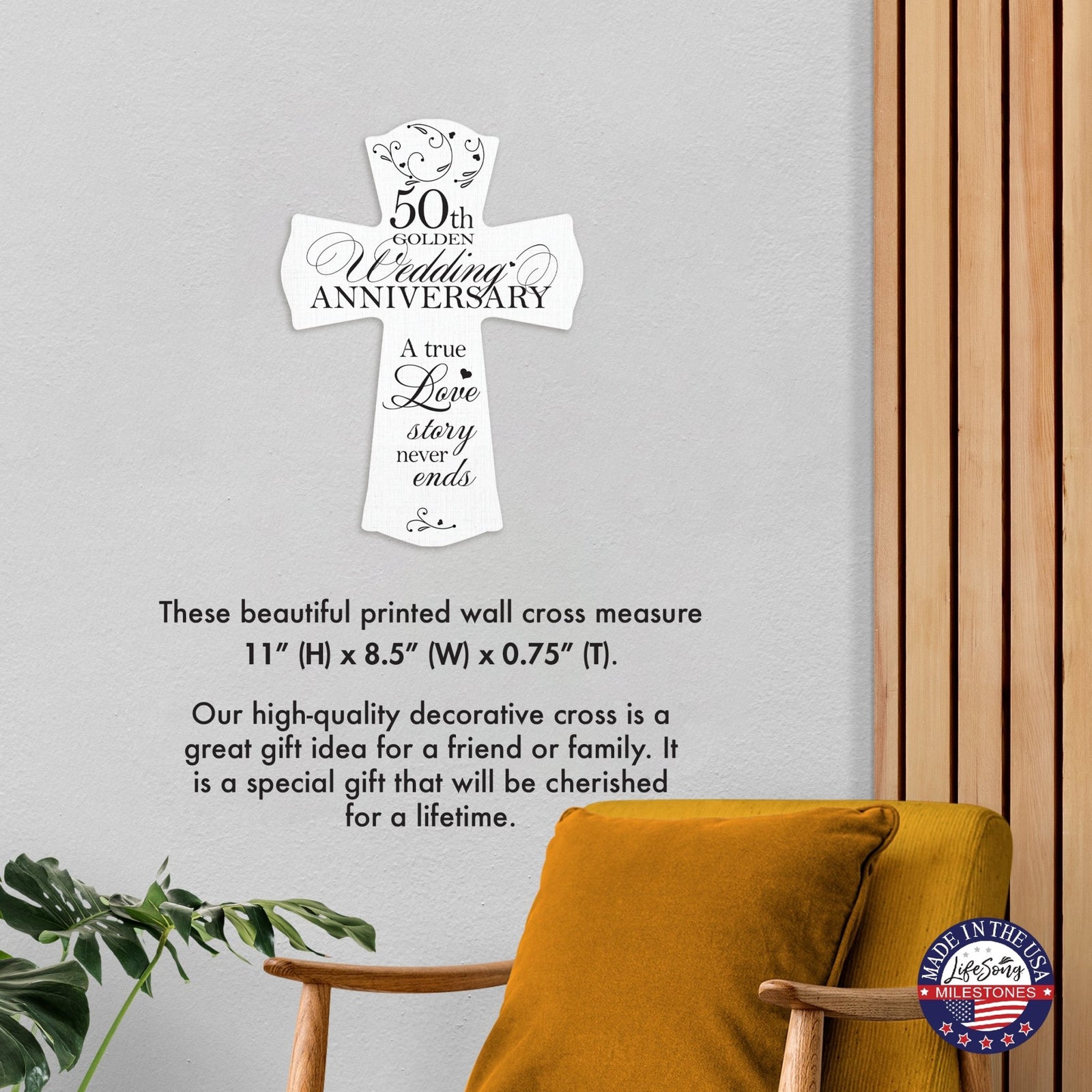 Wooden Hanging Wall Cross for Couples 50th Wedding Anniversary Celebration - A True Love Story Never Ends