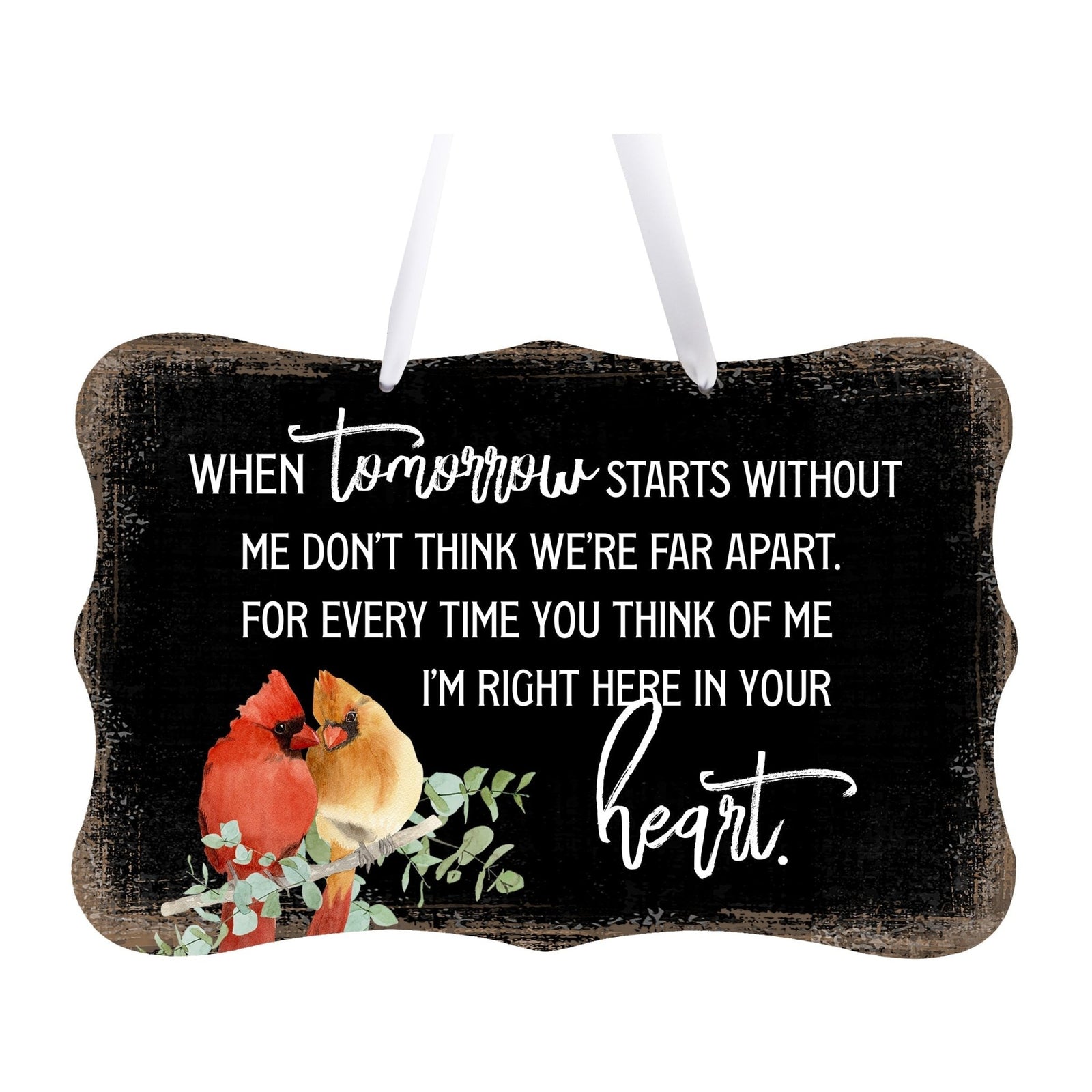 A memorial wall hanging sign adorned with a cardinal ribbon, a symbol of remembrance.