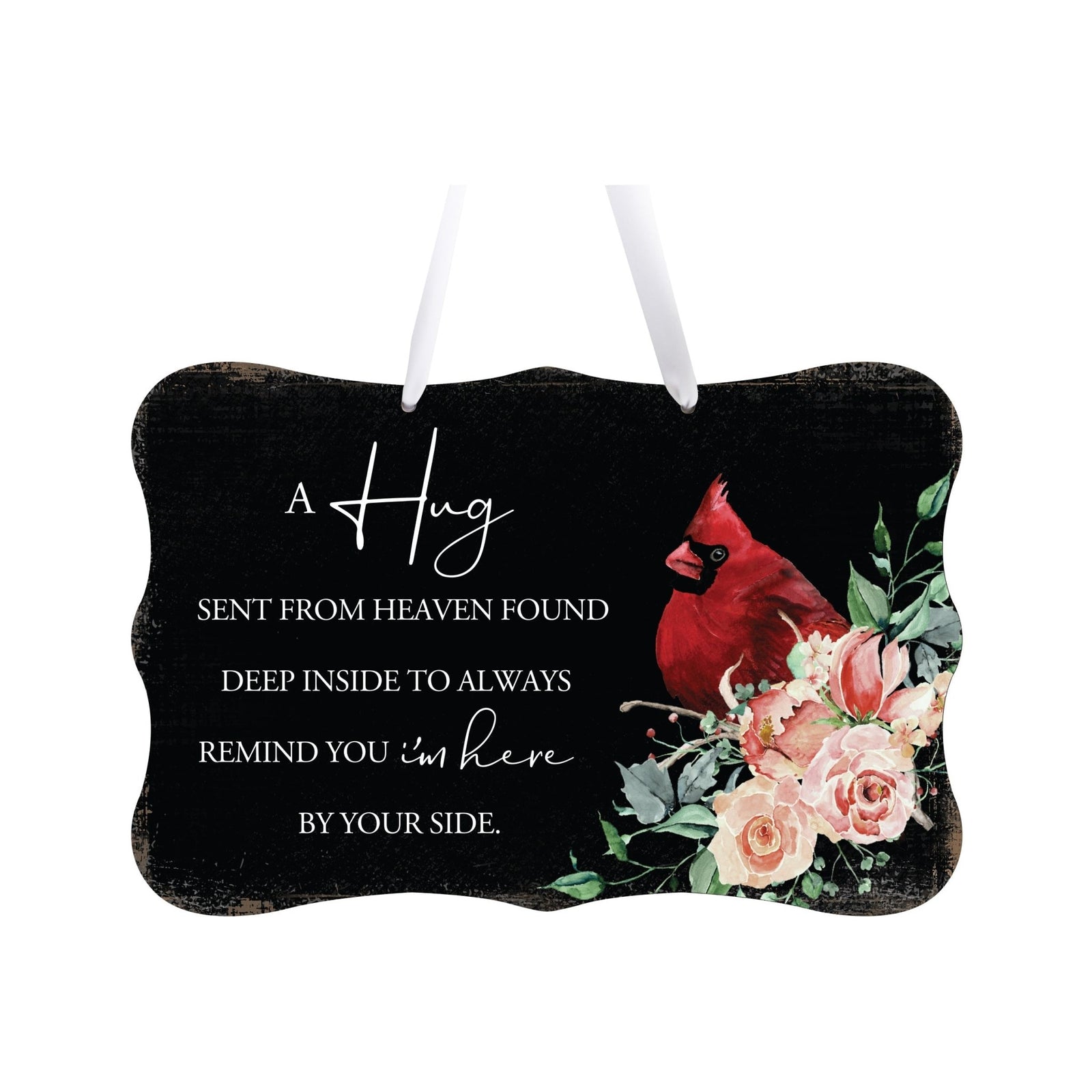 A memorial wall hanging sign adorned with a cardinal ribbon, a symbol of remembrance.