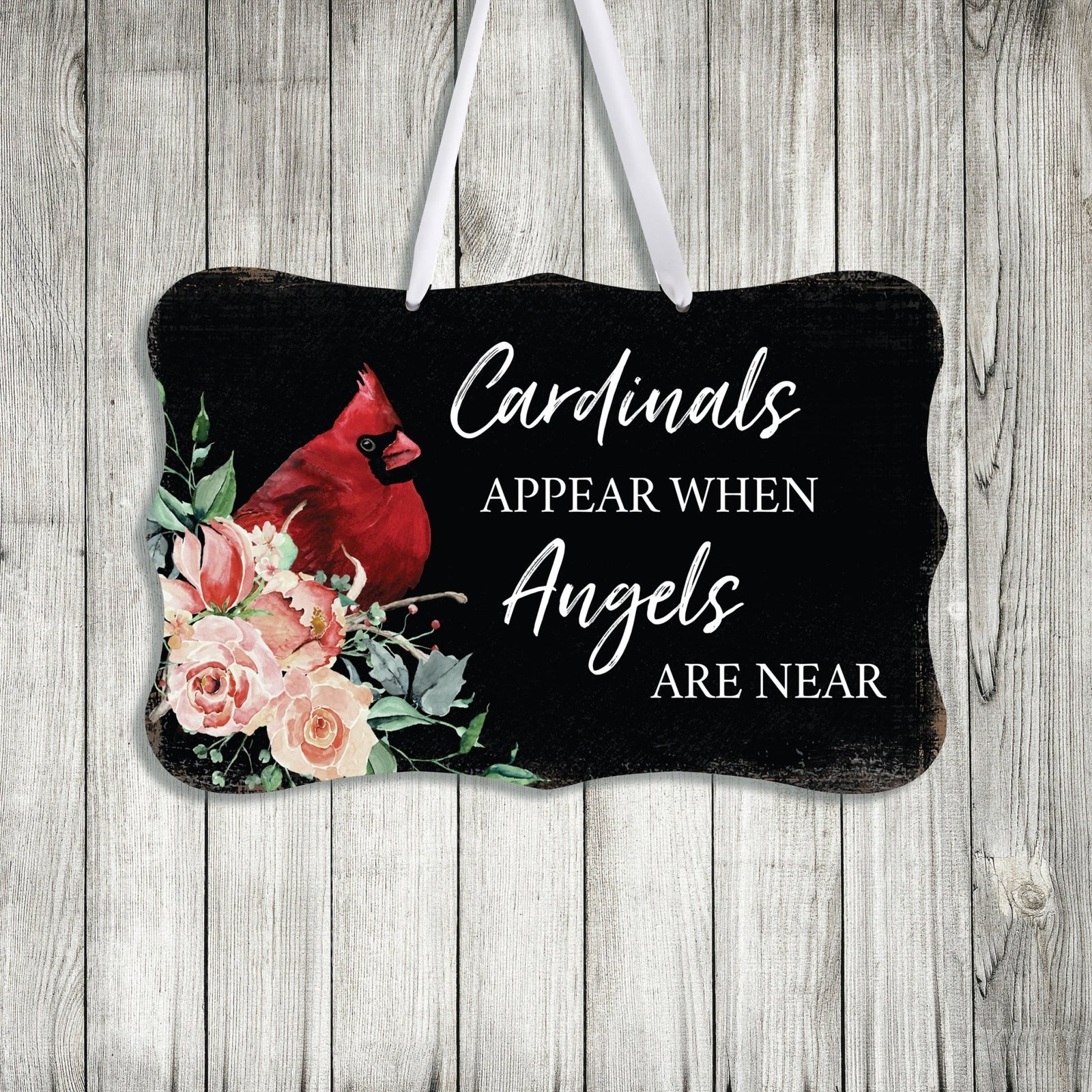 A memorial wall hanging sign adorned with a cardinal ribbon, a symbol of remembrance.