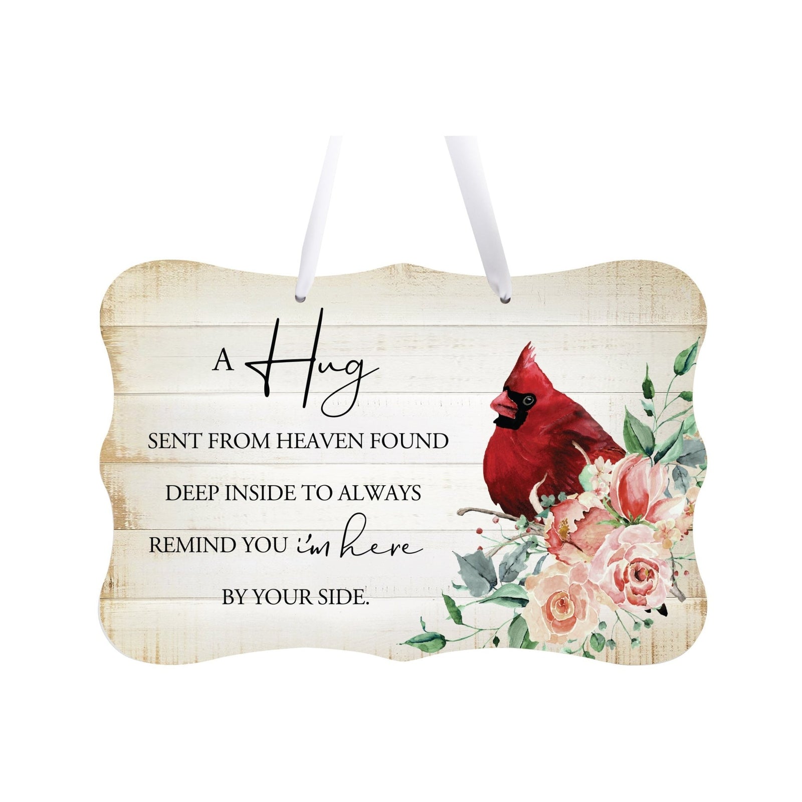A memorial wall hanging sign adorned with a cardinal ribbon, a symbol of remembrance.