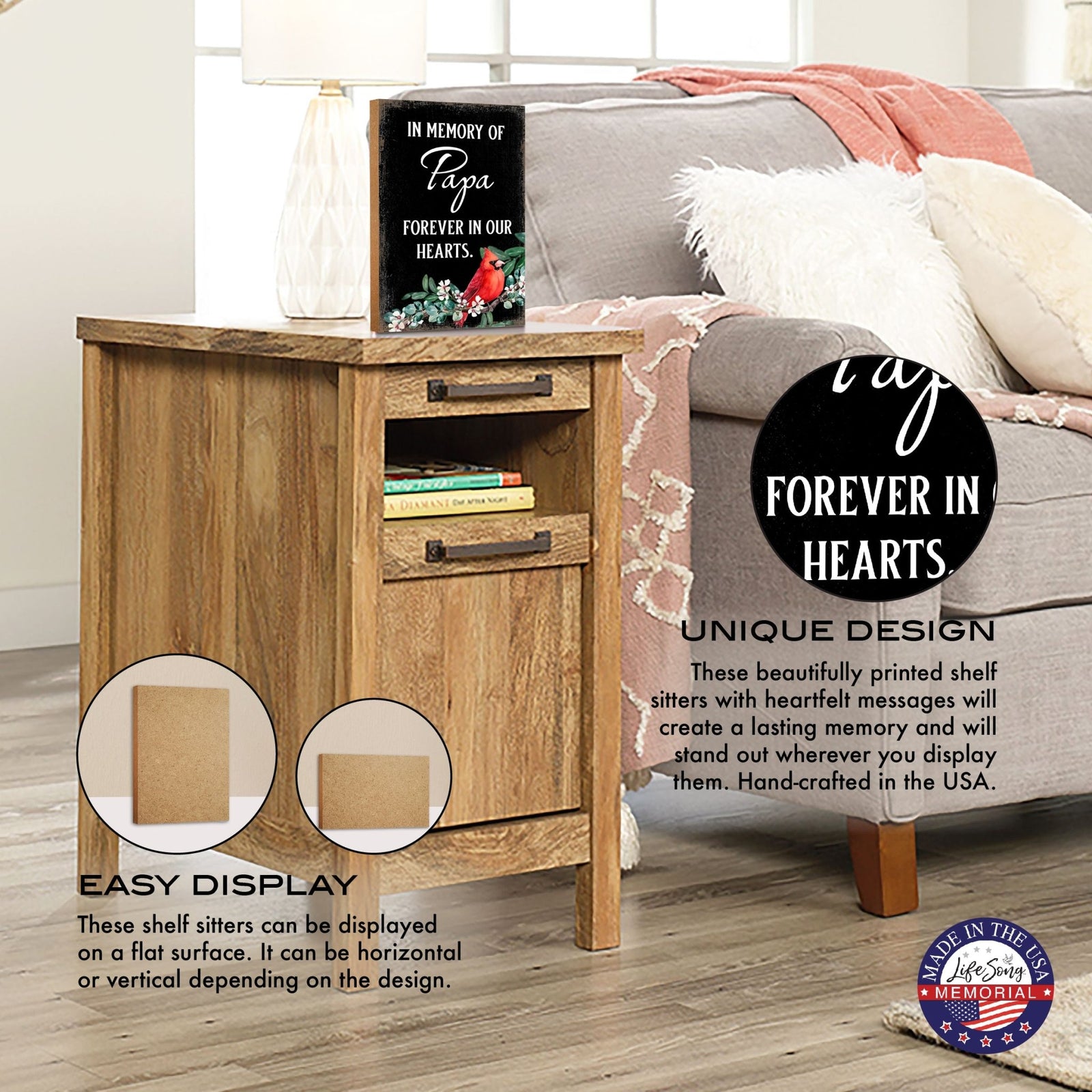 Wooden memorial shelf decor and tabletop signs, thoughtful memorial gifts for those grieving the loss of a loved one.