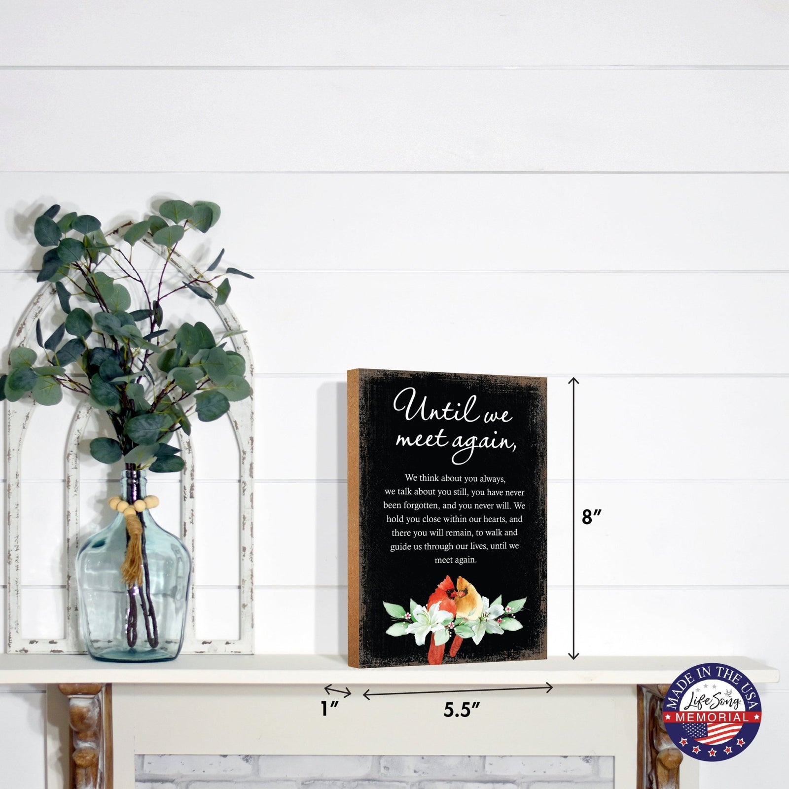 Wooden memorial shelf decor and tabletop memorial decorations to cherish the memory of a loved one.