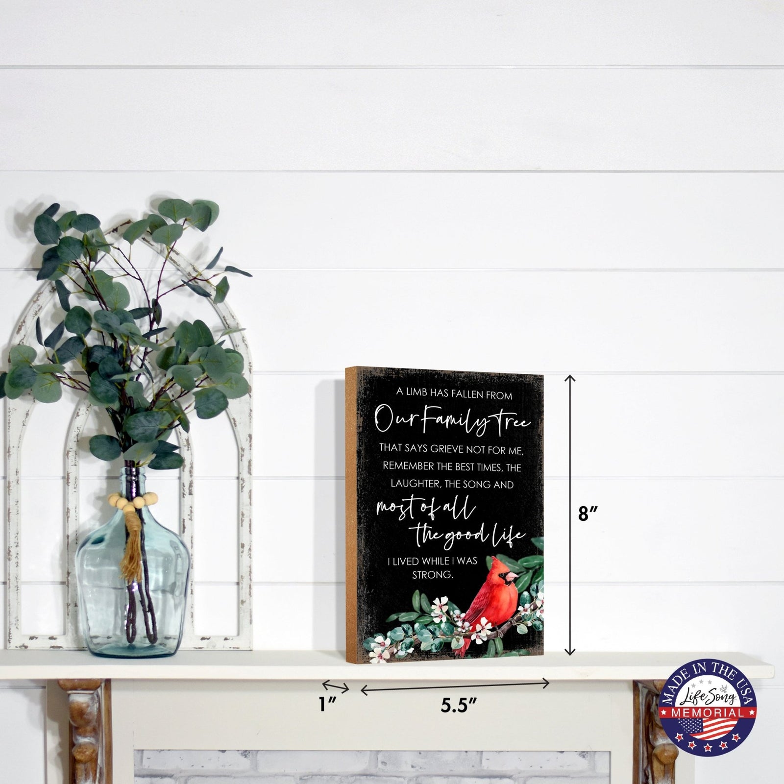 A tabletop memorial sign featuring a beautiful cardinal, a touching memorial gift for the loss of a loved one.