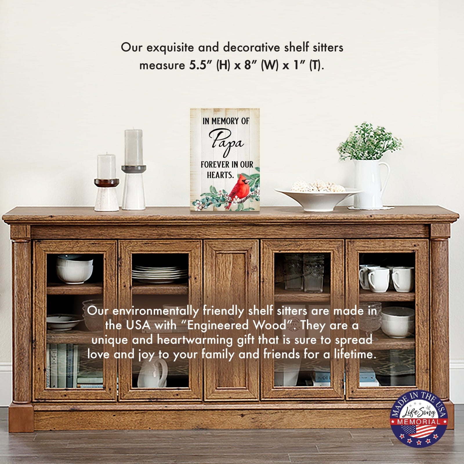 Wooden memorial shelf decor and tabletop memorial decorations to cherish the memory of a loved one.