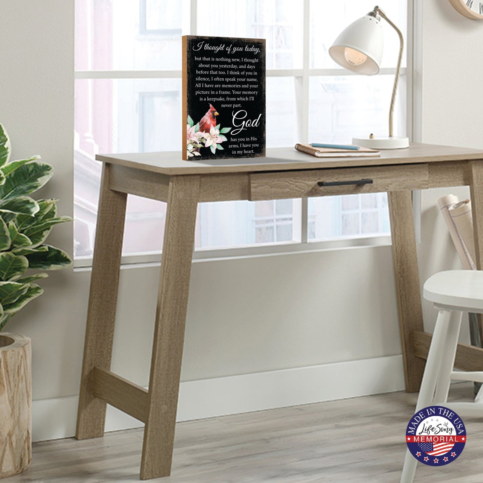 Wooden memorial shelf decor and tabletop memorial decorations to cherish the memory of a loved one.