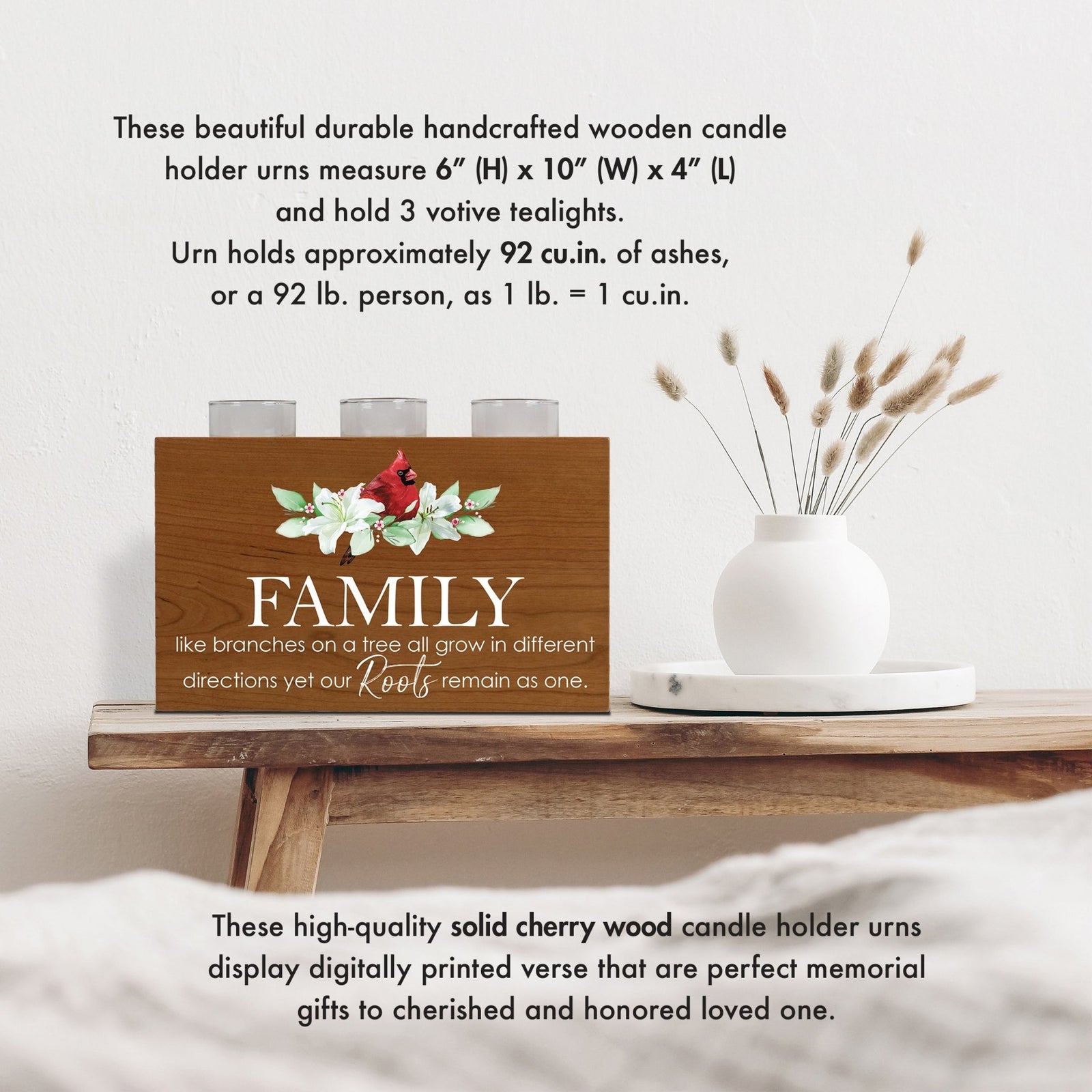 Cardinal Memorial Tealight Candle Holder Cremation Urn For Human Ashes - Family Like Branches - LifeSong Milestones