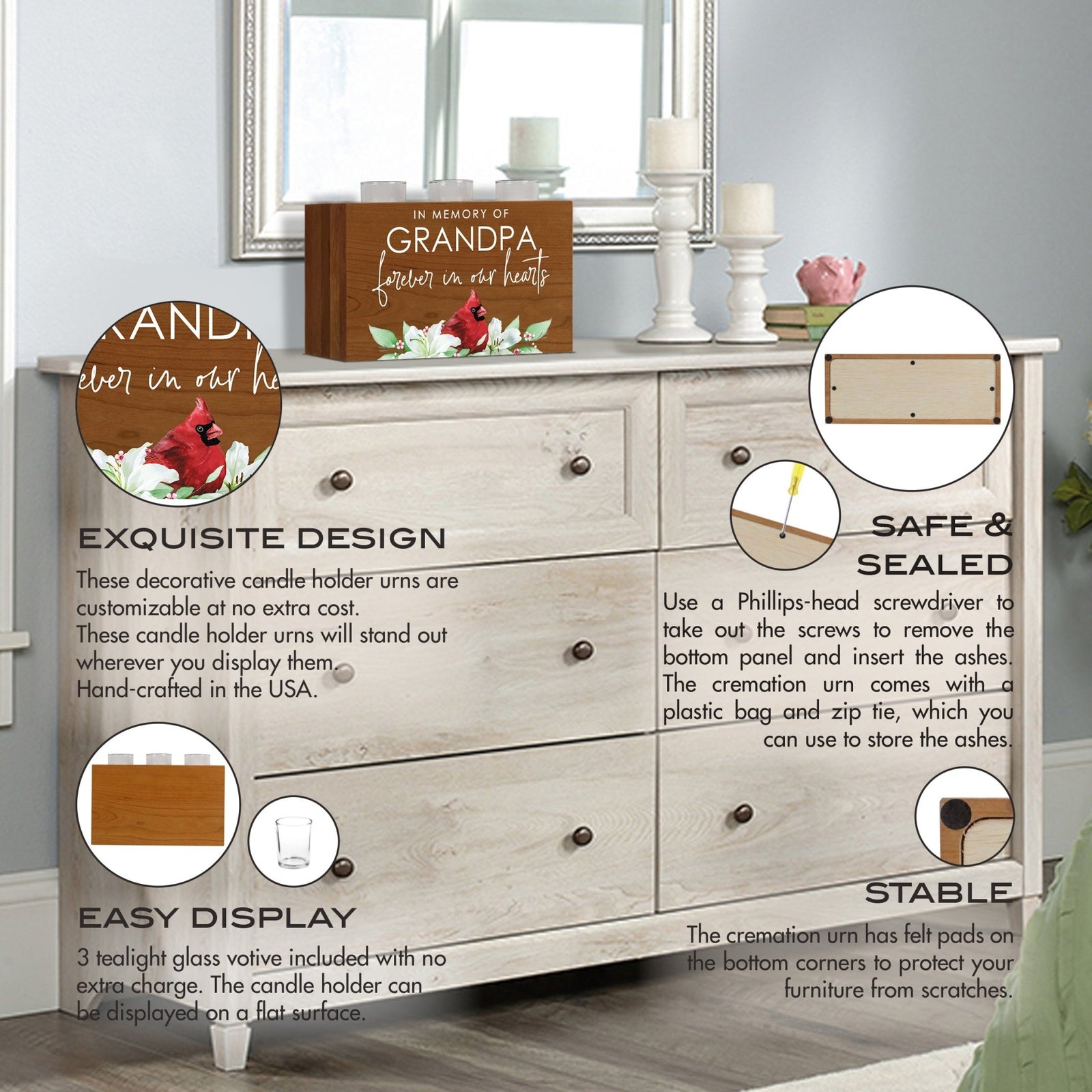 Cardinal Memorial Tealight Candle Holder Cremation Urn For Human Ashes - In Memory Grandpa - LifeSong Milestones