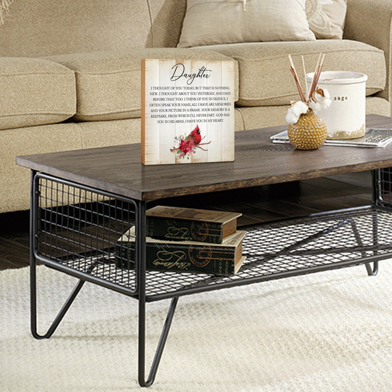 Wooden memorial shelf décor with a cardinal design.