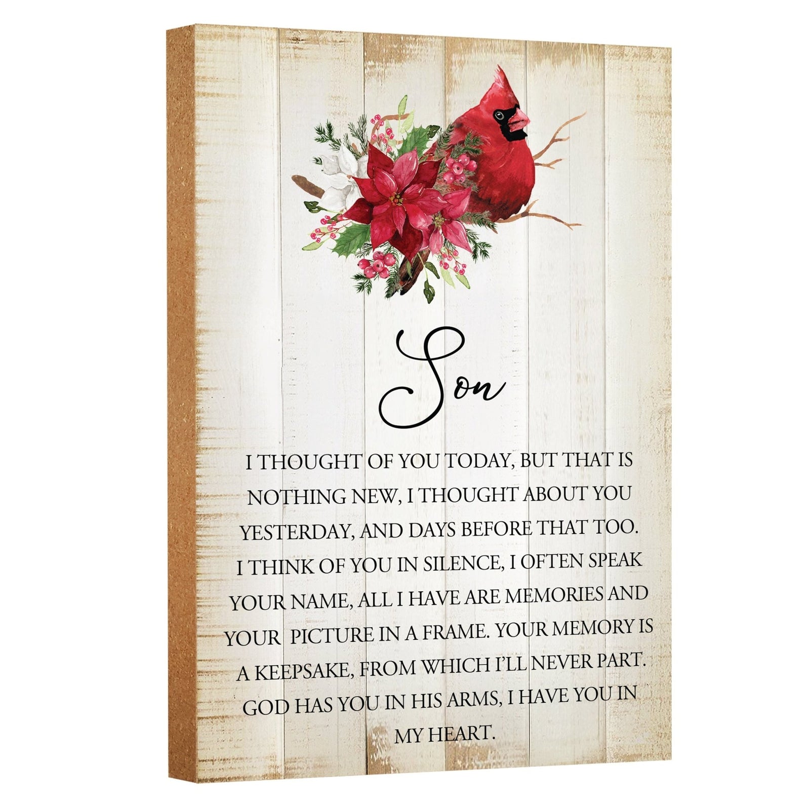 Wooden memorial shelf décor with a cardinal design.