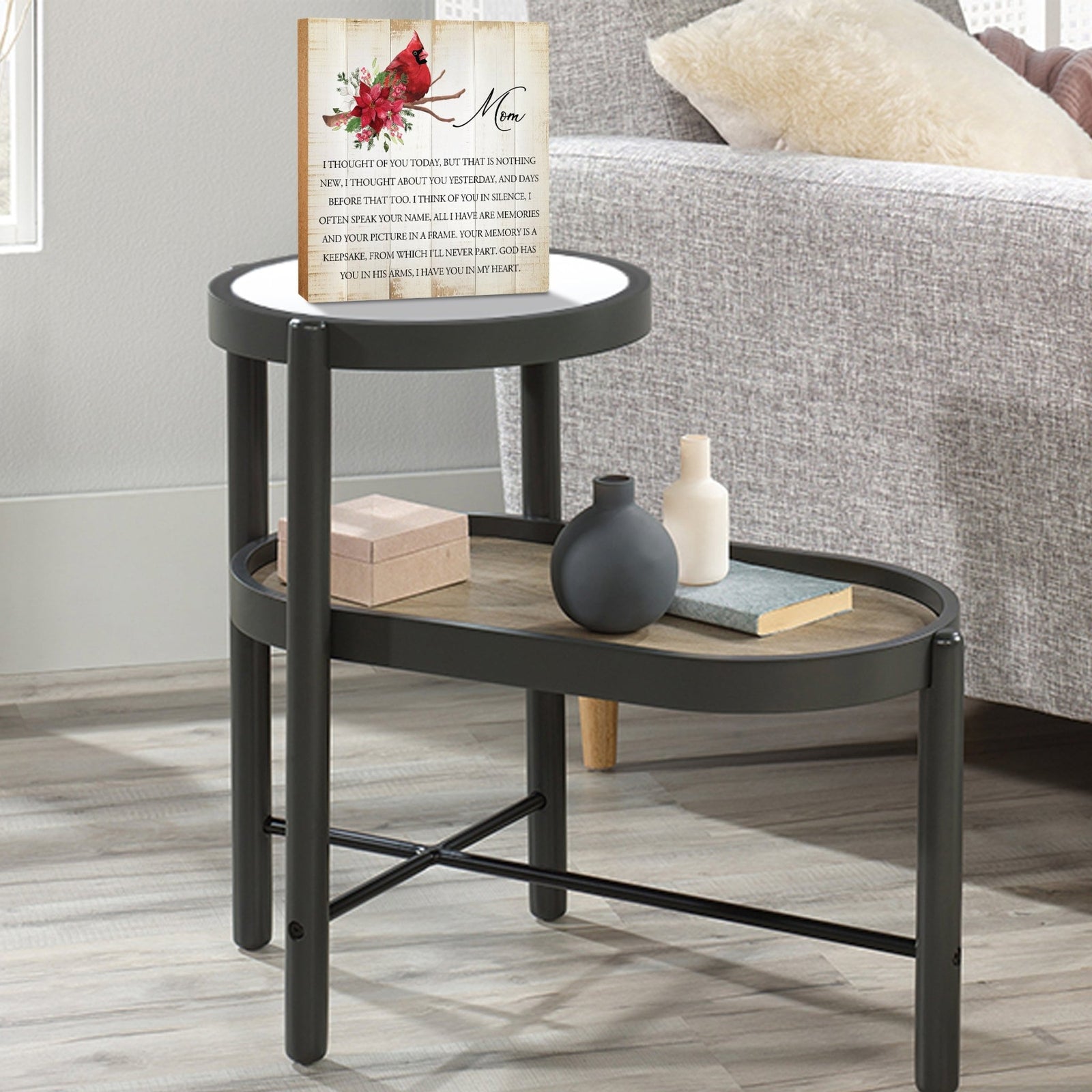 Wooden memorial shelf décor with a cardinal design.