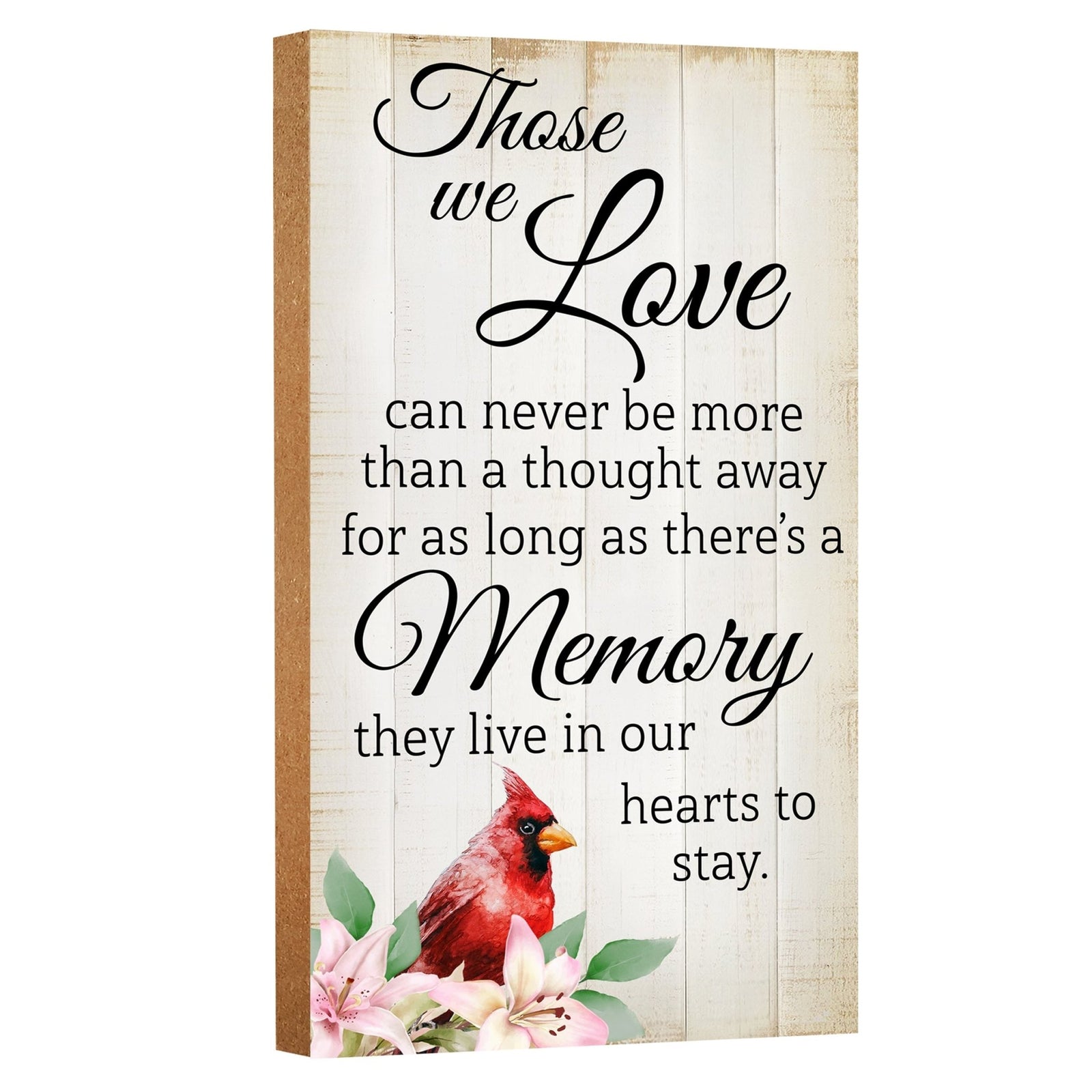 A wooden memorial wall plaque featuring a cardinal, a symbol of remembrance and love.
