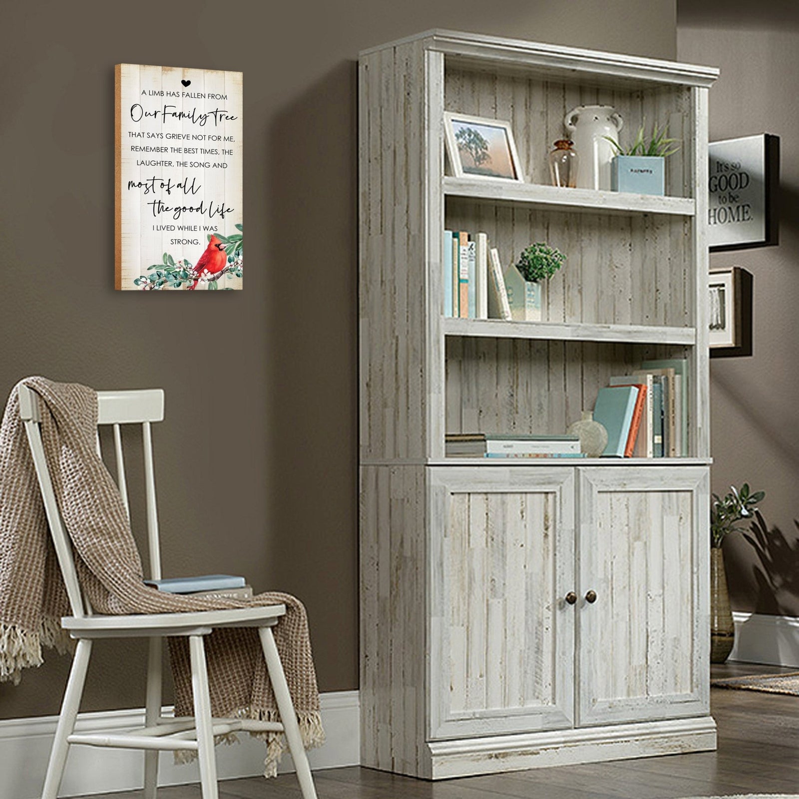 A wooden memorial wall plaque with a heartfelt design.